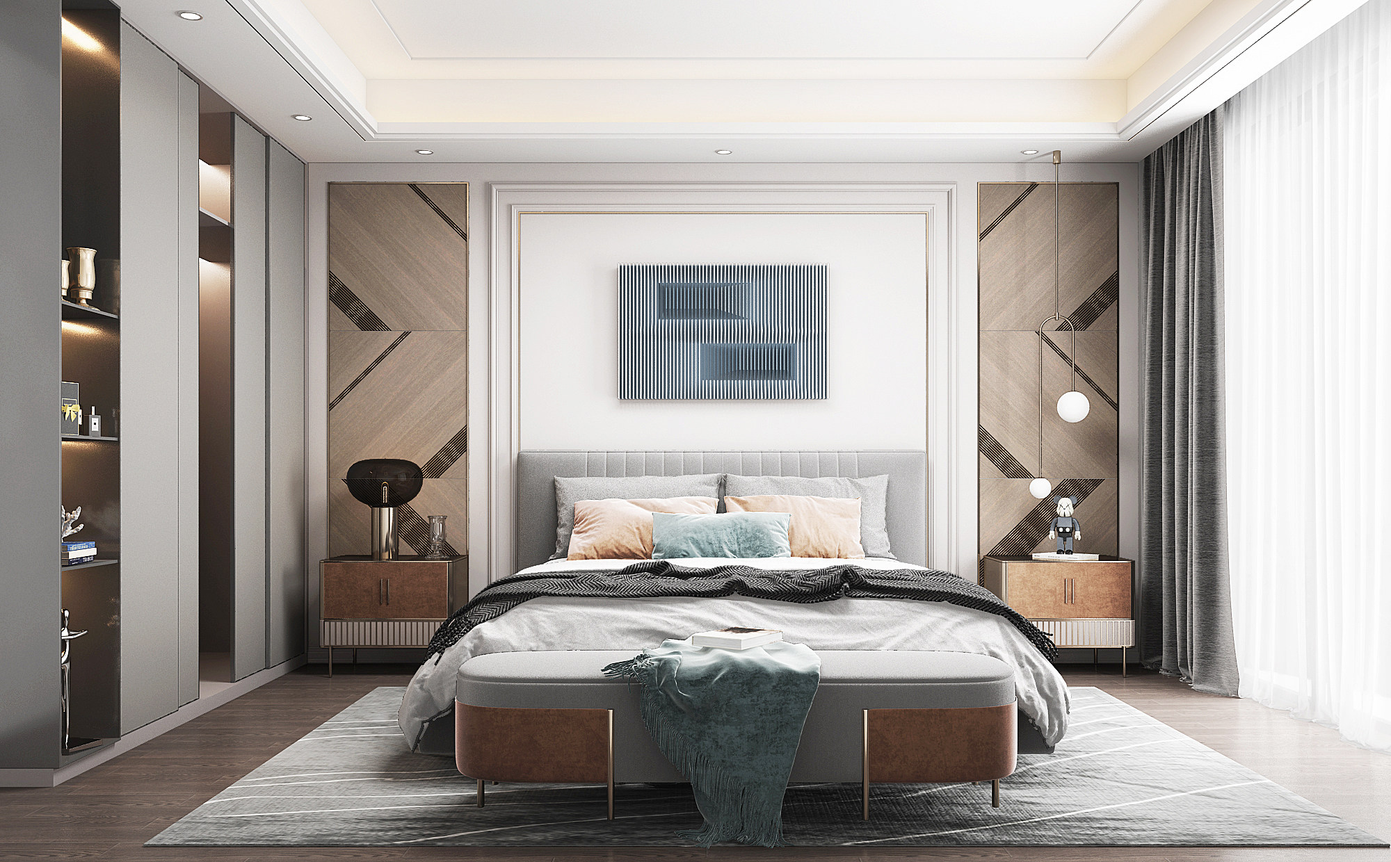 现代轻奢卧室，双人床床尾凳踏3d模型下载