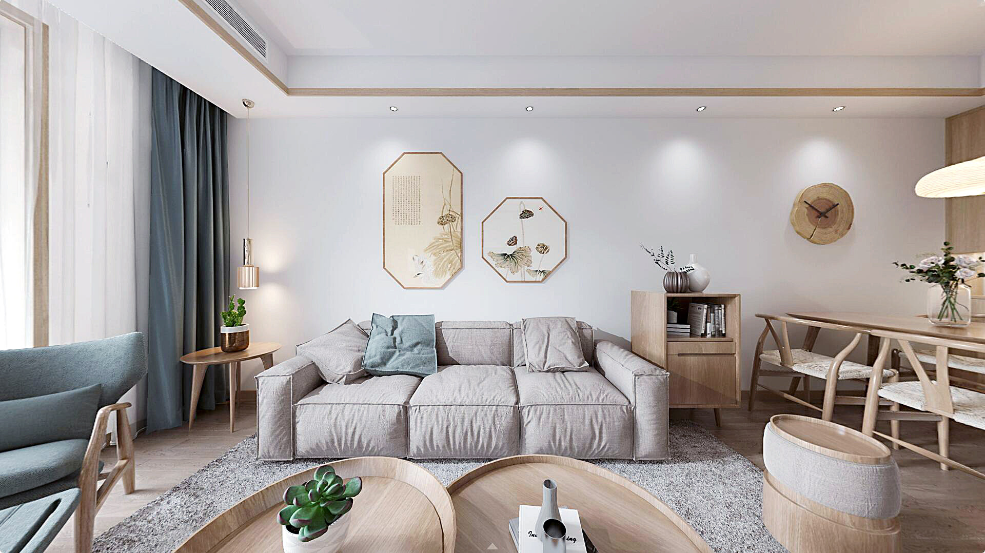 北欧现代新中式日式风格客餐厅，沙发3d模型下载