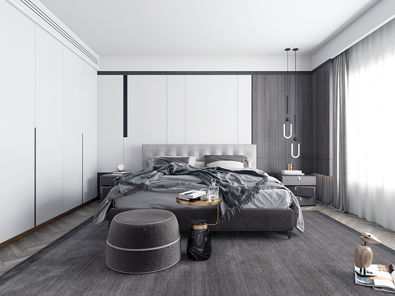 北欧现代卧室，双人床，床头柜边几3d模型下载