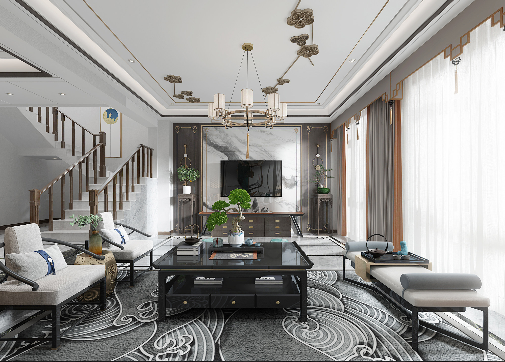新中式复式别墅客厅， 3d模型下载