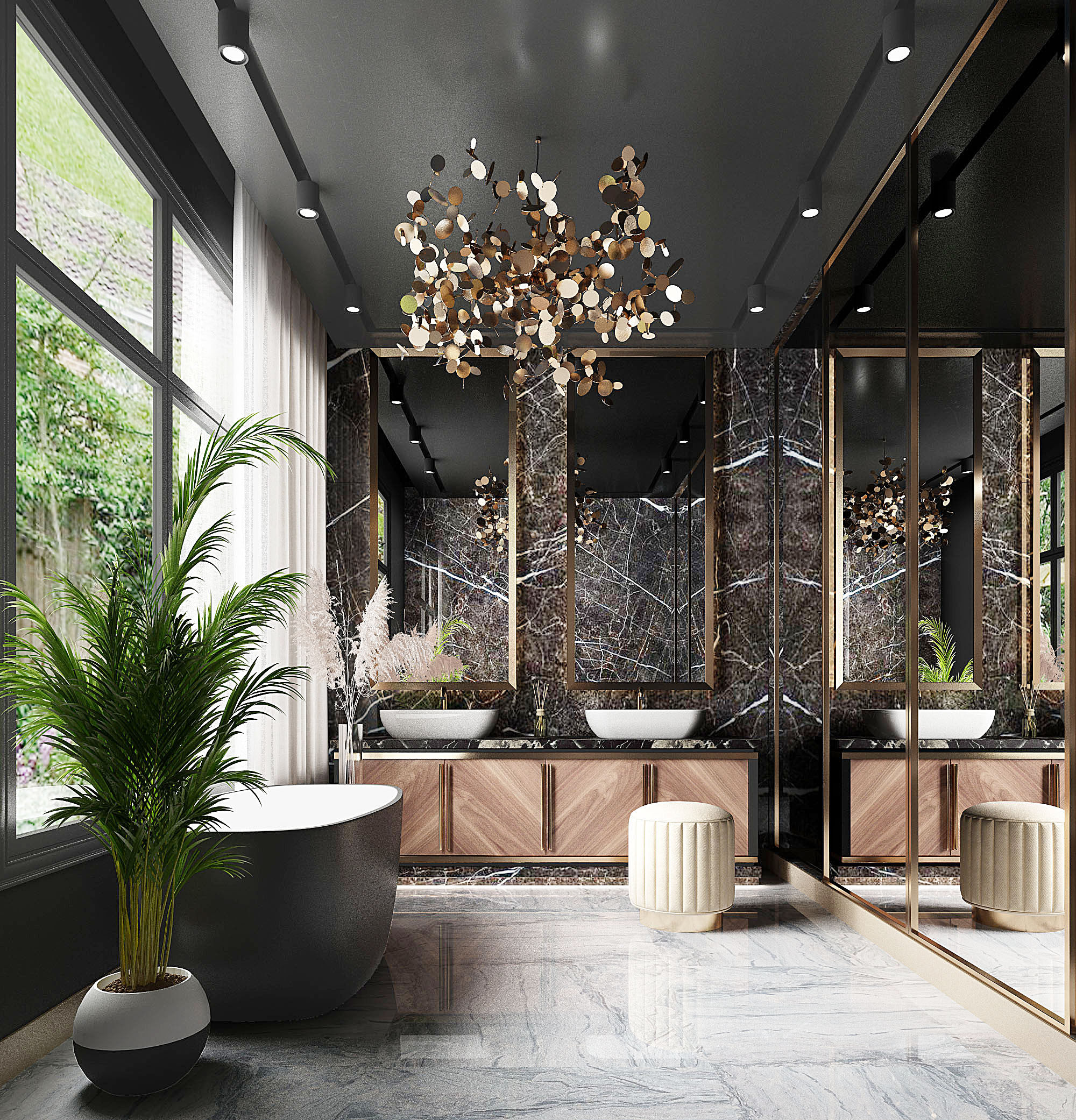 卫生间，浴缸，浴室柜散尾葵植物盆栽3d模型下载