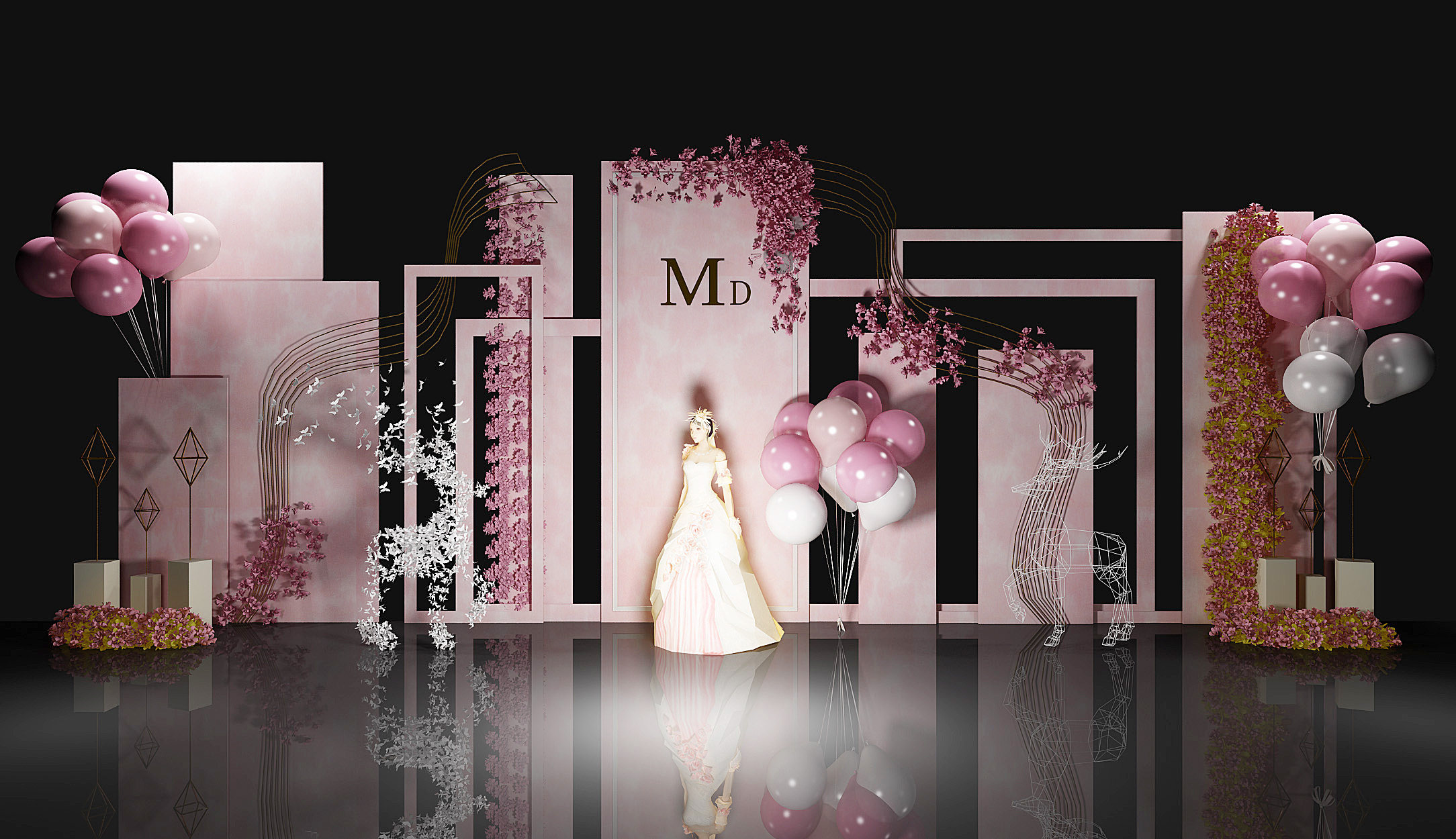 婚礼粉色迎宾区墙饰布置 3d模型下载