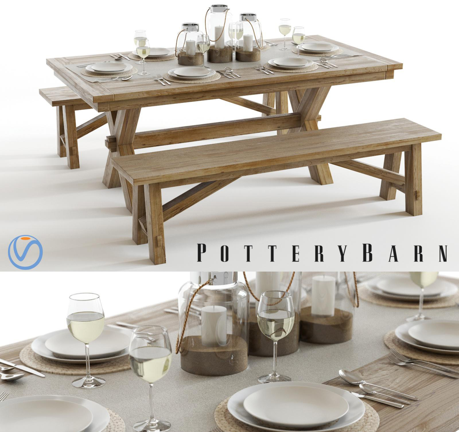 北欧自然风餐桌椅子，长条木板凳，餐具盘子3d模型下载