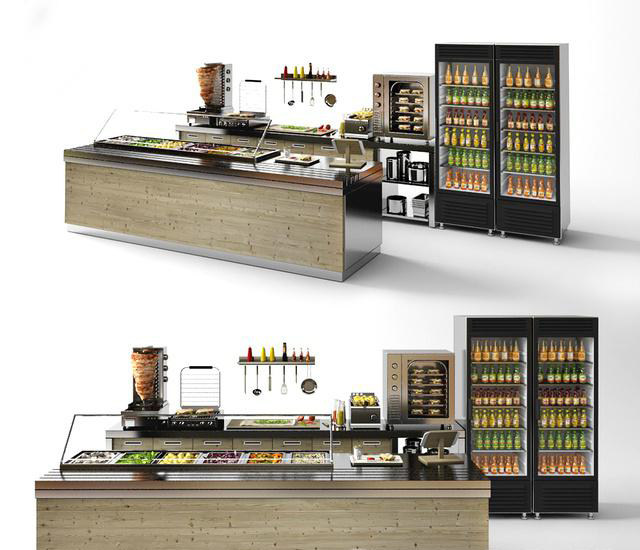 食堂收银台，餐台，食物，咖啡机，冰柜冷藏柜，食物柜3d模型下载