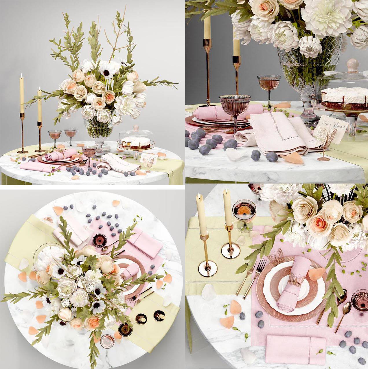 圆形餐桌餐具，玻璃花瓶，玫瑰花 3d模型下载