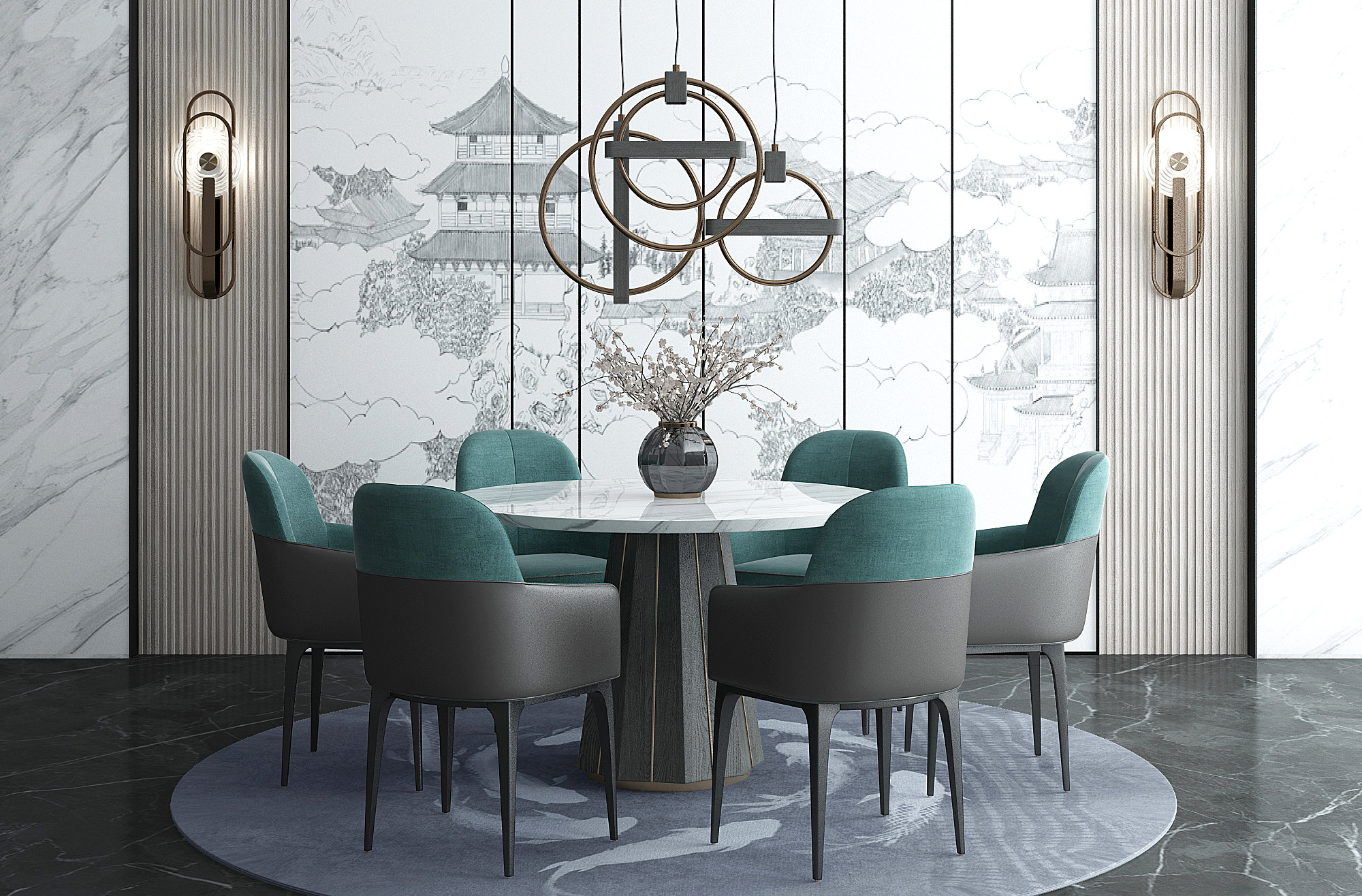 新中式圆形餐桌椅， 3d模型下载