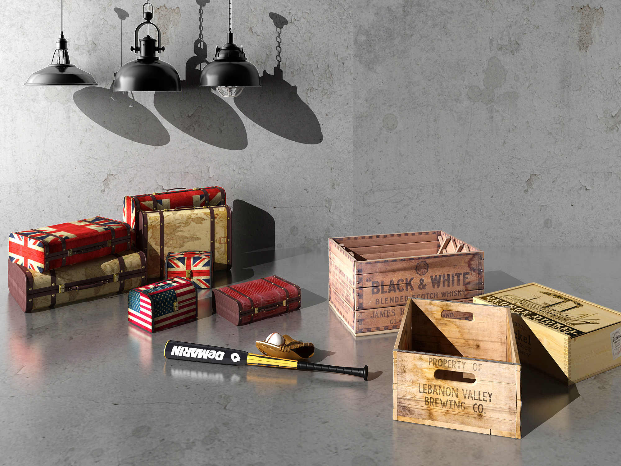 LOFT木箱子，皮箱行李箱，吊灯工矿吊灯，棒球棍，手套3d模型下载