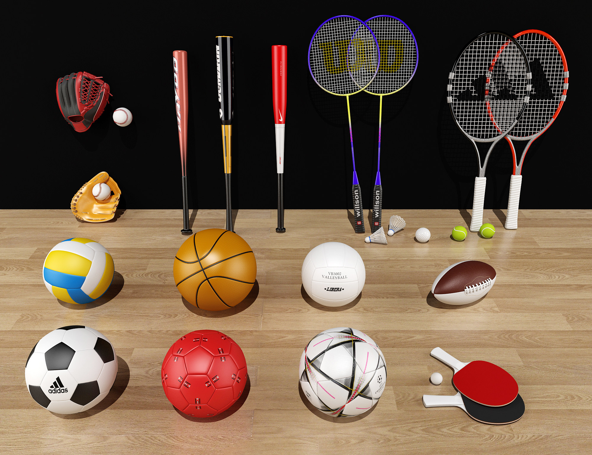 ，网球，羽毛球拍，足球篮球，乒乓球，棒球手套， 3d模型下载