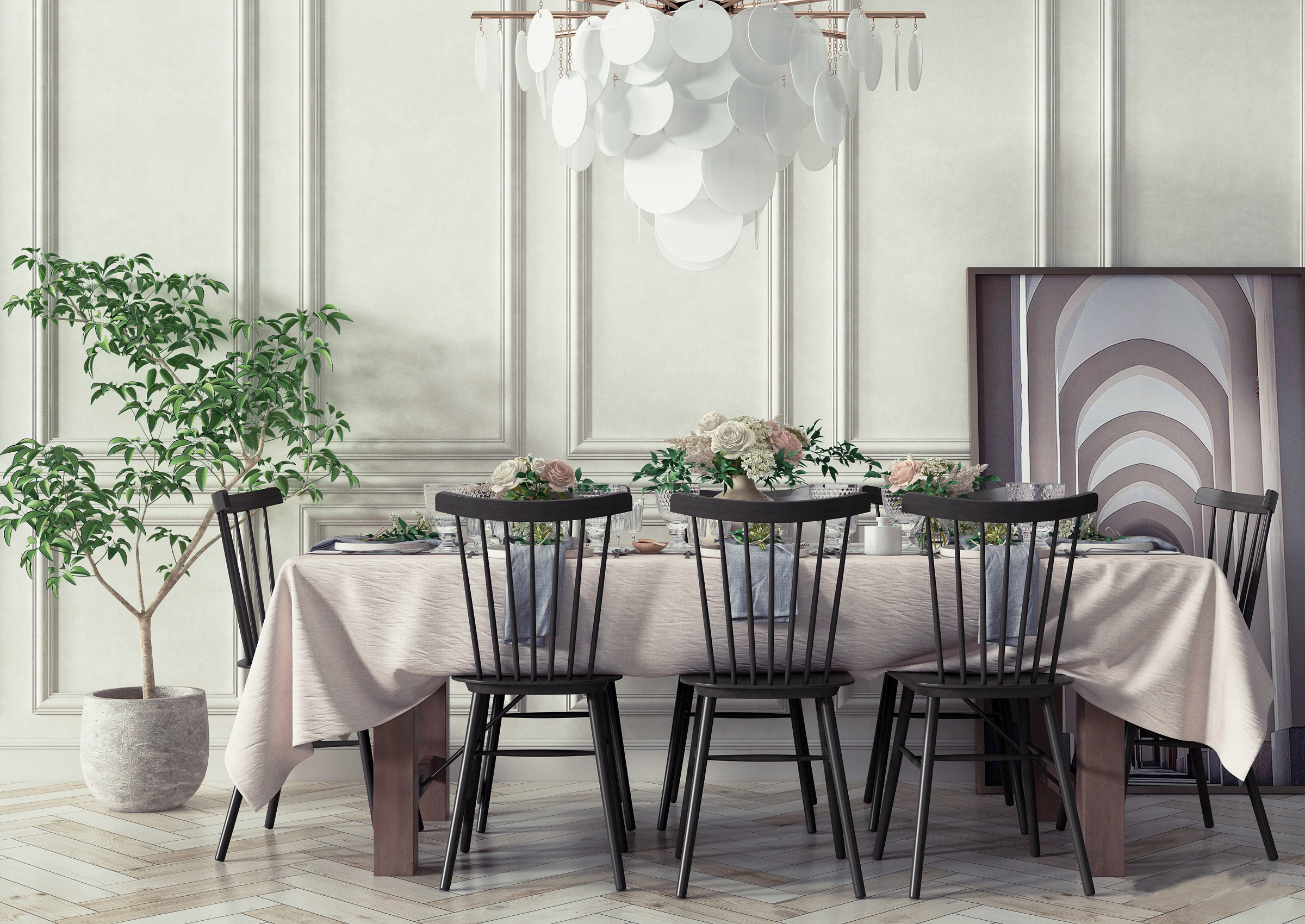 北欧现代餐桌椅，桌布餐桌，餐具花盆盆栽绿植 3d模型下载