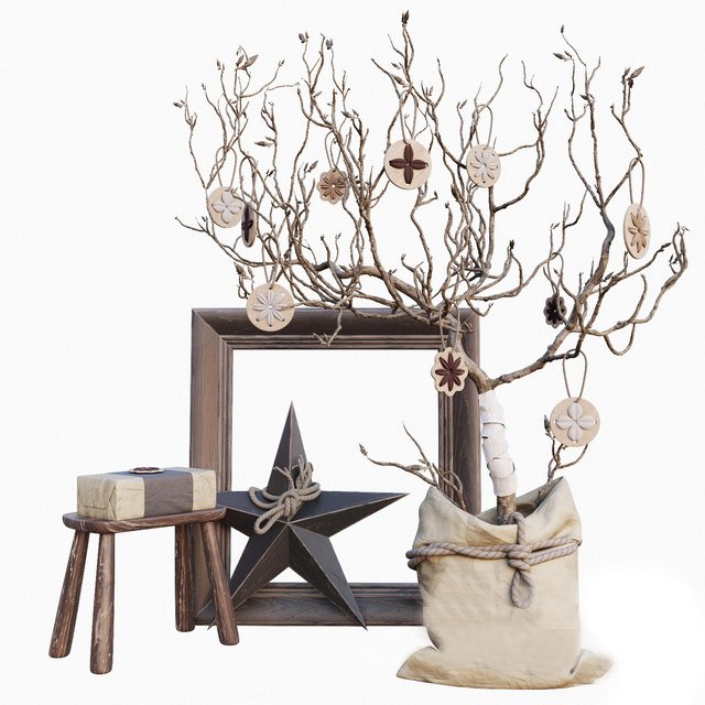 干枝装饰品袋子画框，枯树，木板凳，干支3d模型下载