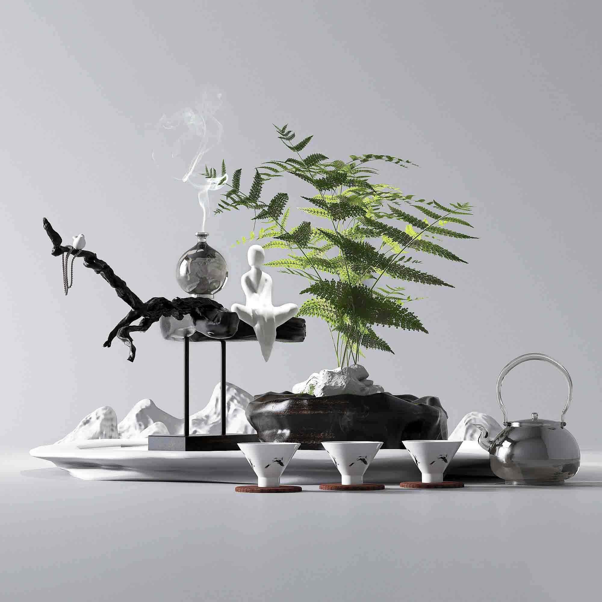 新中式禅意盆景盆栽摆件茶具，饰品茶壶茶杯 (1)3d模型下载