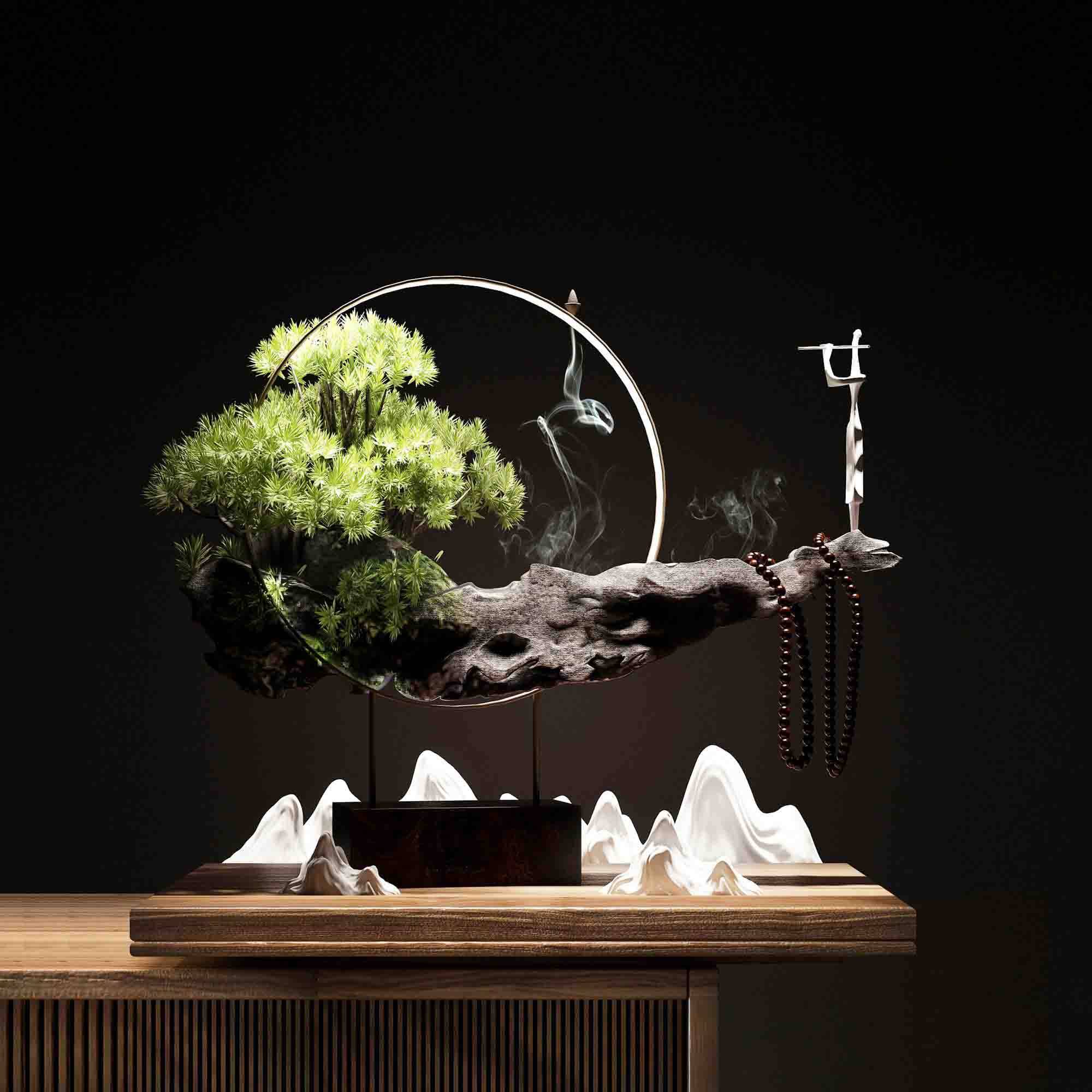 新中式禅意松树盆景盆栽植物摆件佛香 3d模型下载