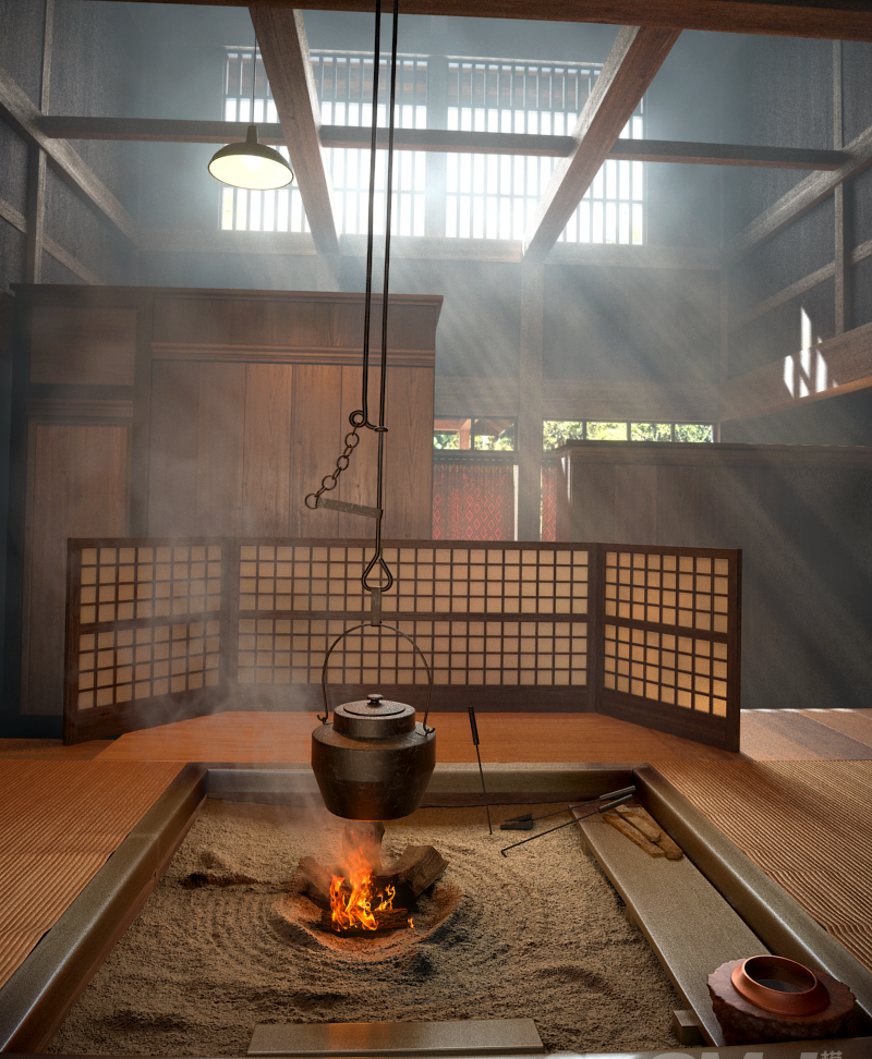 日式榻榻米茶室，火堆，茶壶3d模型下载