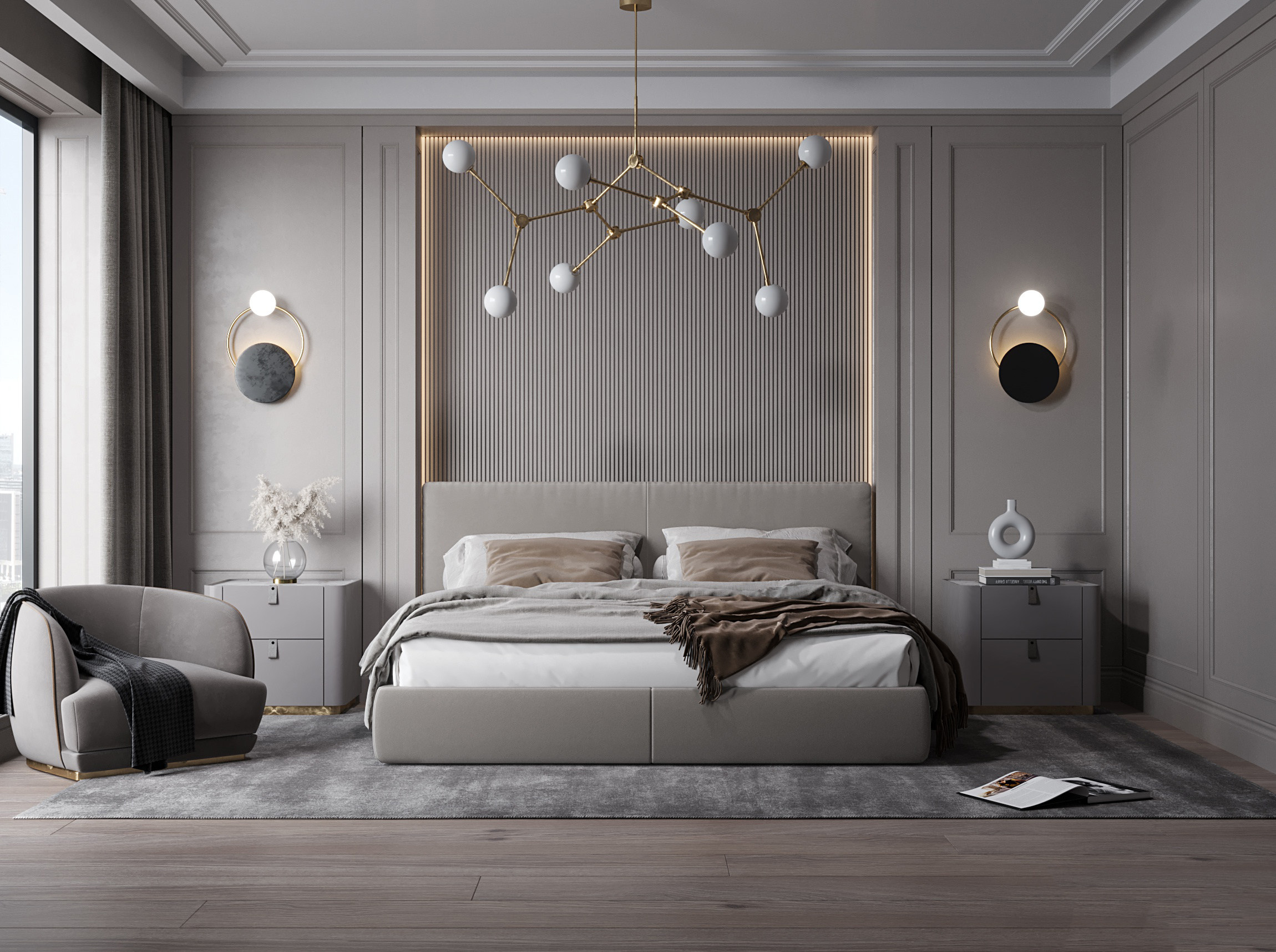 现代奢华轻奢，简欧式卧室，双人床，床头柜3d模型下载