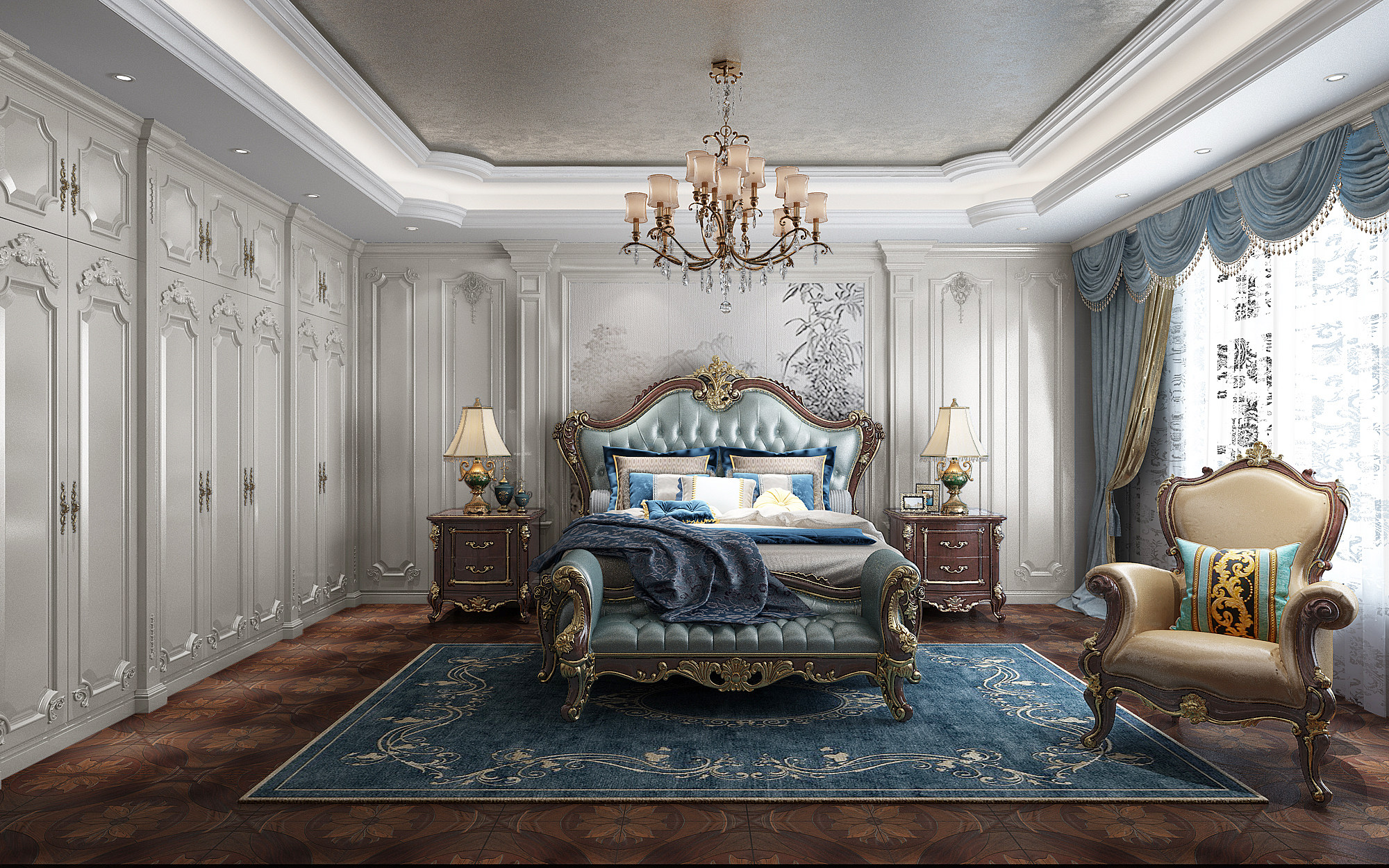欧式法式美式古典雕花卧室双人床， 3d模型下载