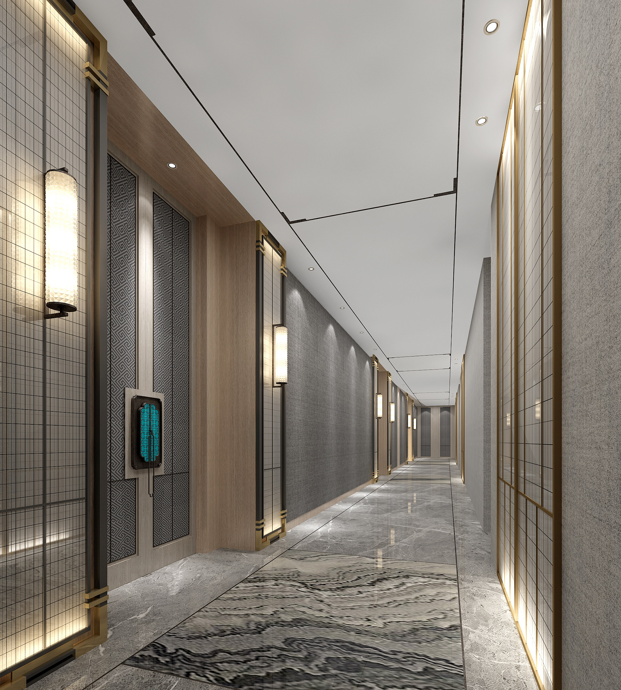 中式酒店客房走廊，走道3d模型下载