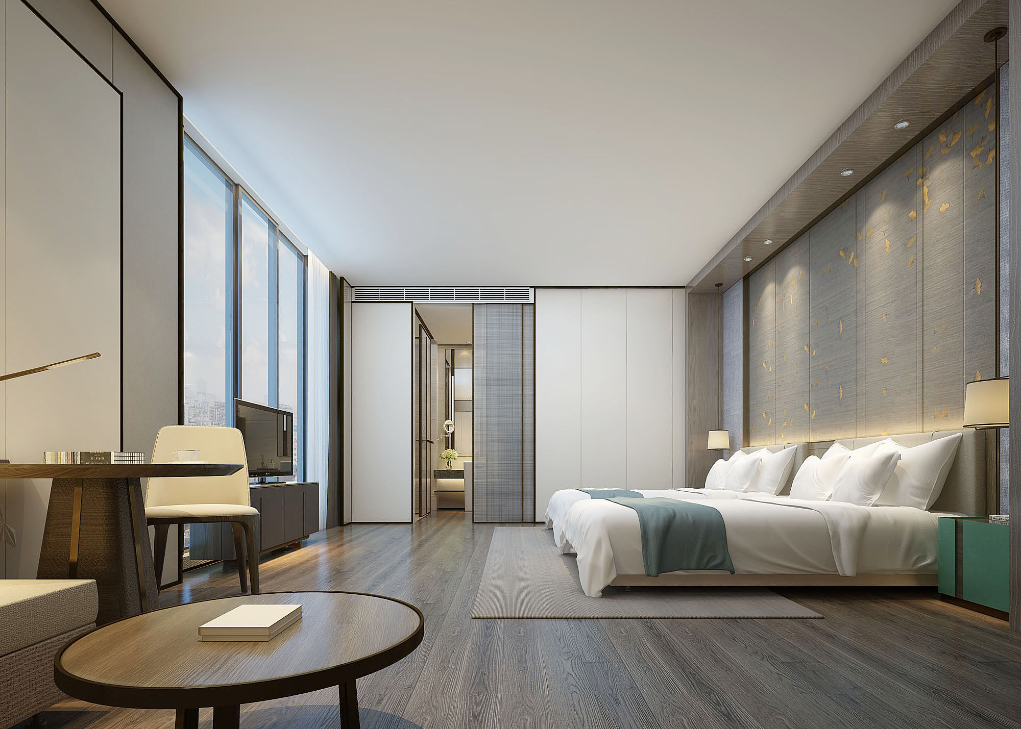 现代新中式酒店客房，标准间，双床间3d模型下载