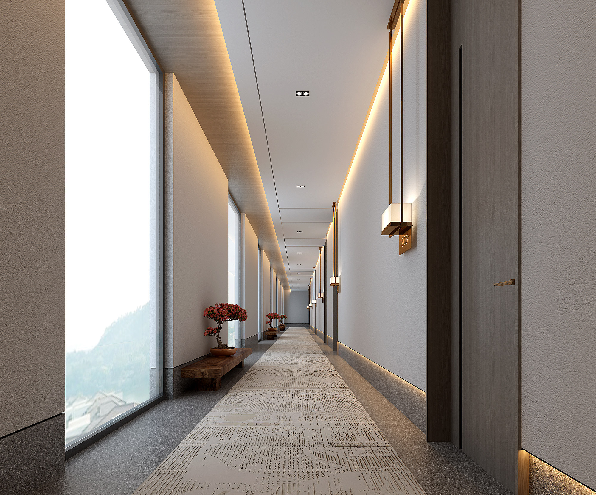 新中式酒店过道，走廊，原木长条坐凳3d模型下载