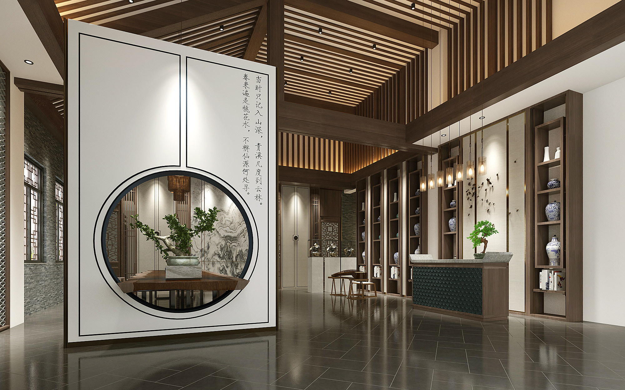 新中式酒店会所茶楼大堂前台 3d模型下载