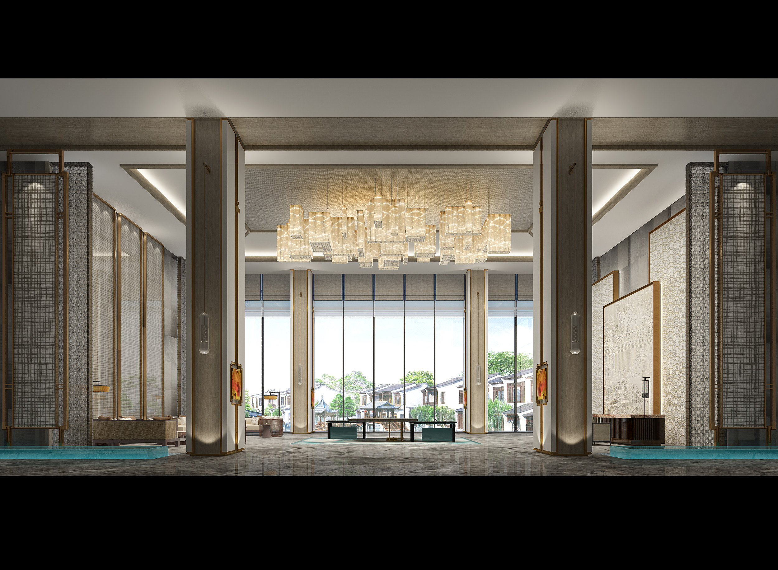 新中式酒店大堂，大堂吧 3d模型下载