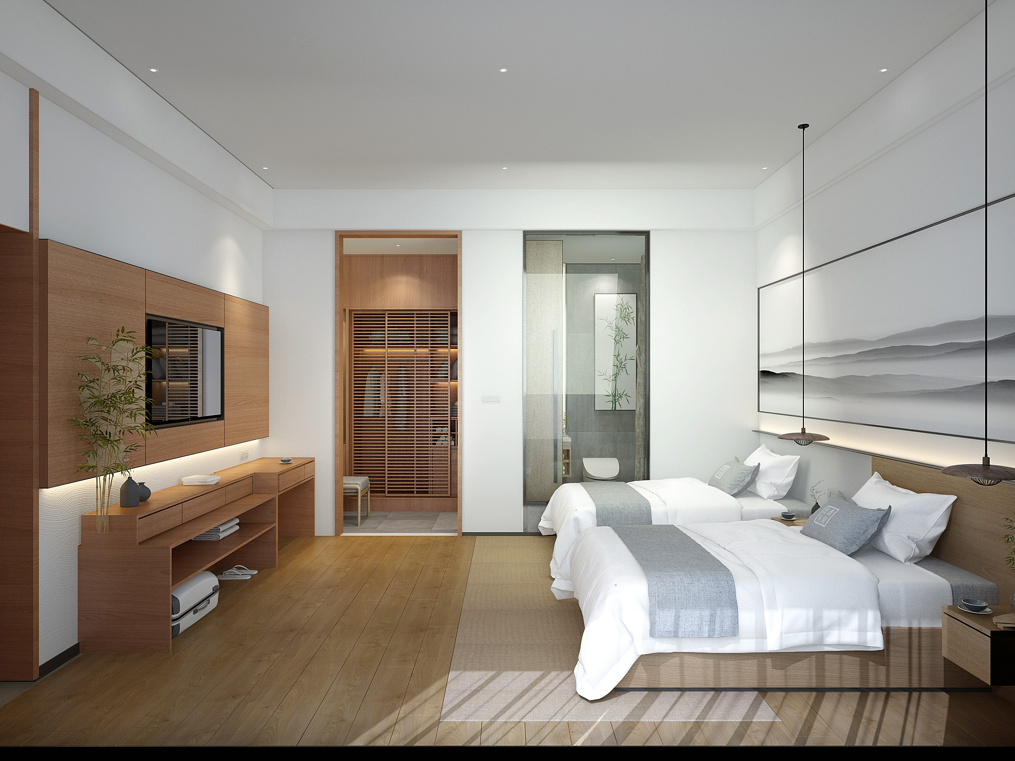 新中式酒店双人床客房 3d模型下载