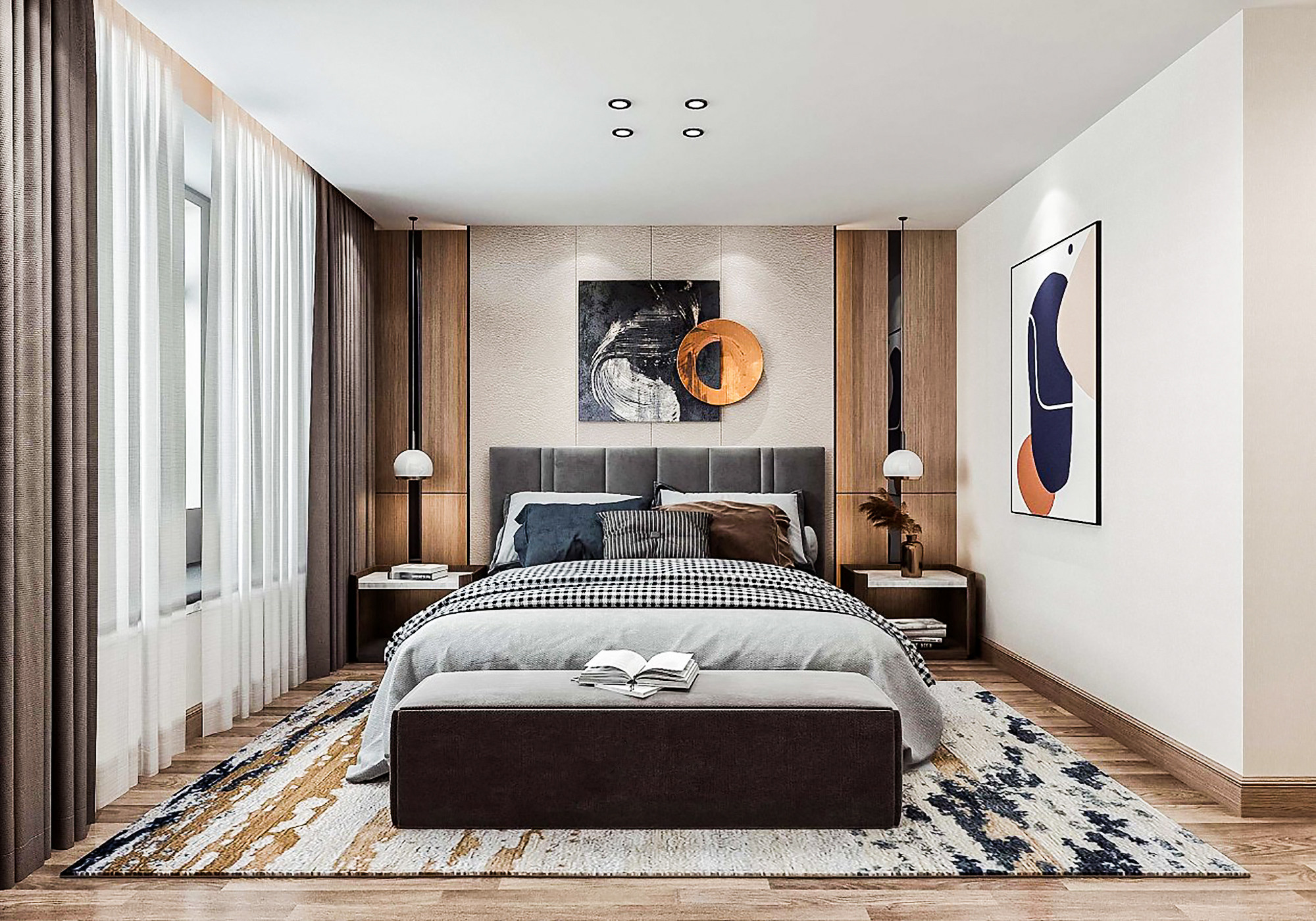 现代主卧室，双人床3d模型下载