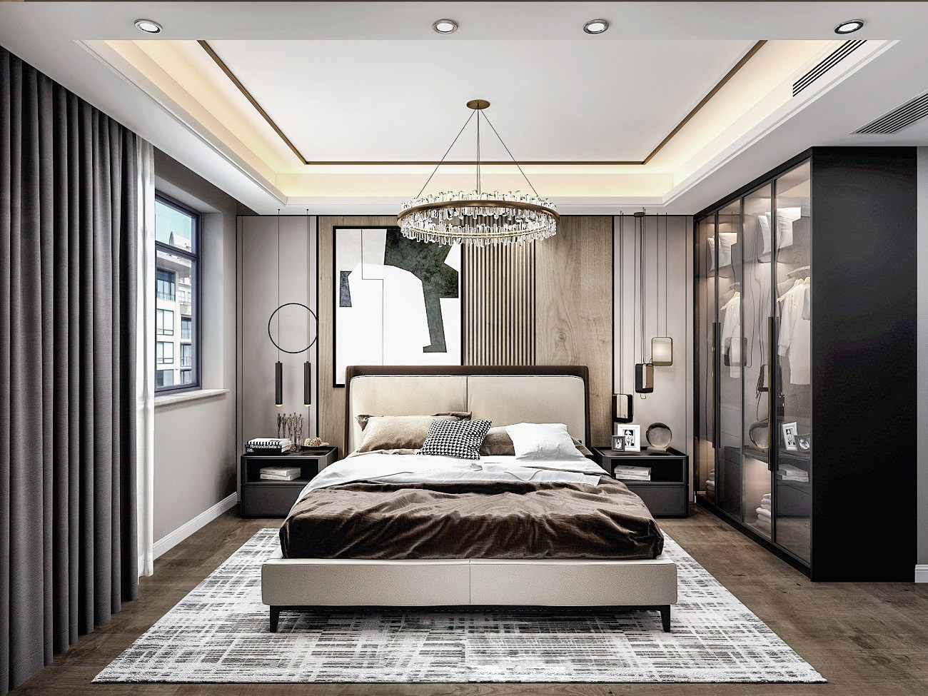 现代卧室，双人床，衣柜3d模型下载