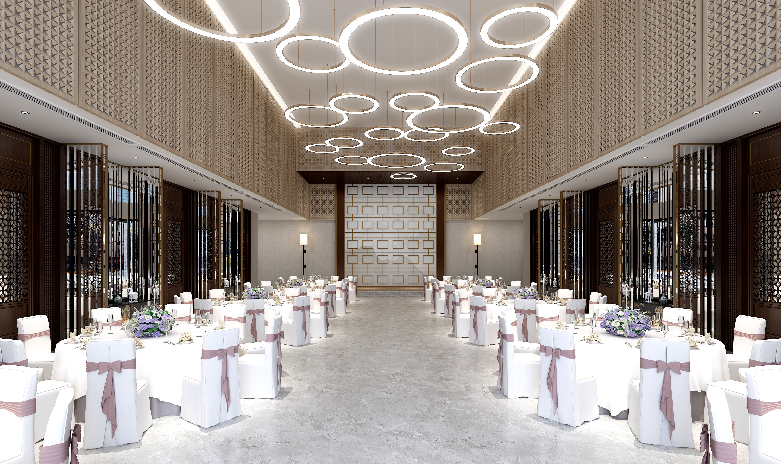 新中式酒店宴会厅，宴会厅桌椅3d模型下载