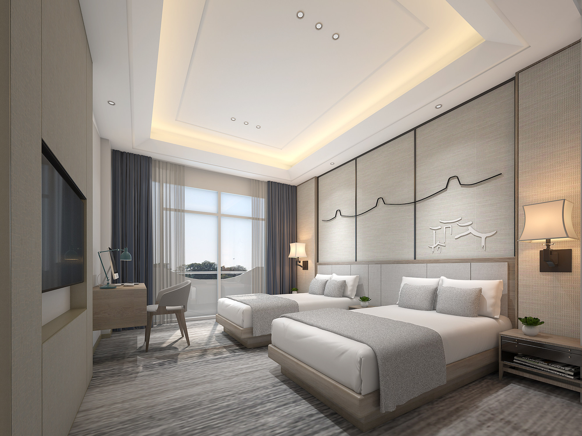中式酒店客房套间，双人床客房，标准间，书桌椅3d模型下载