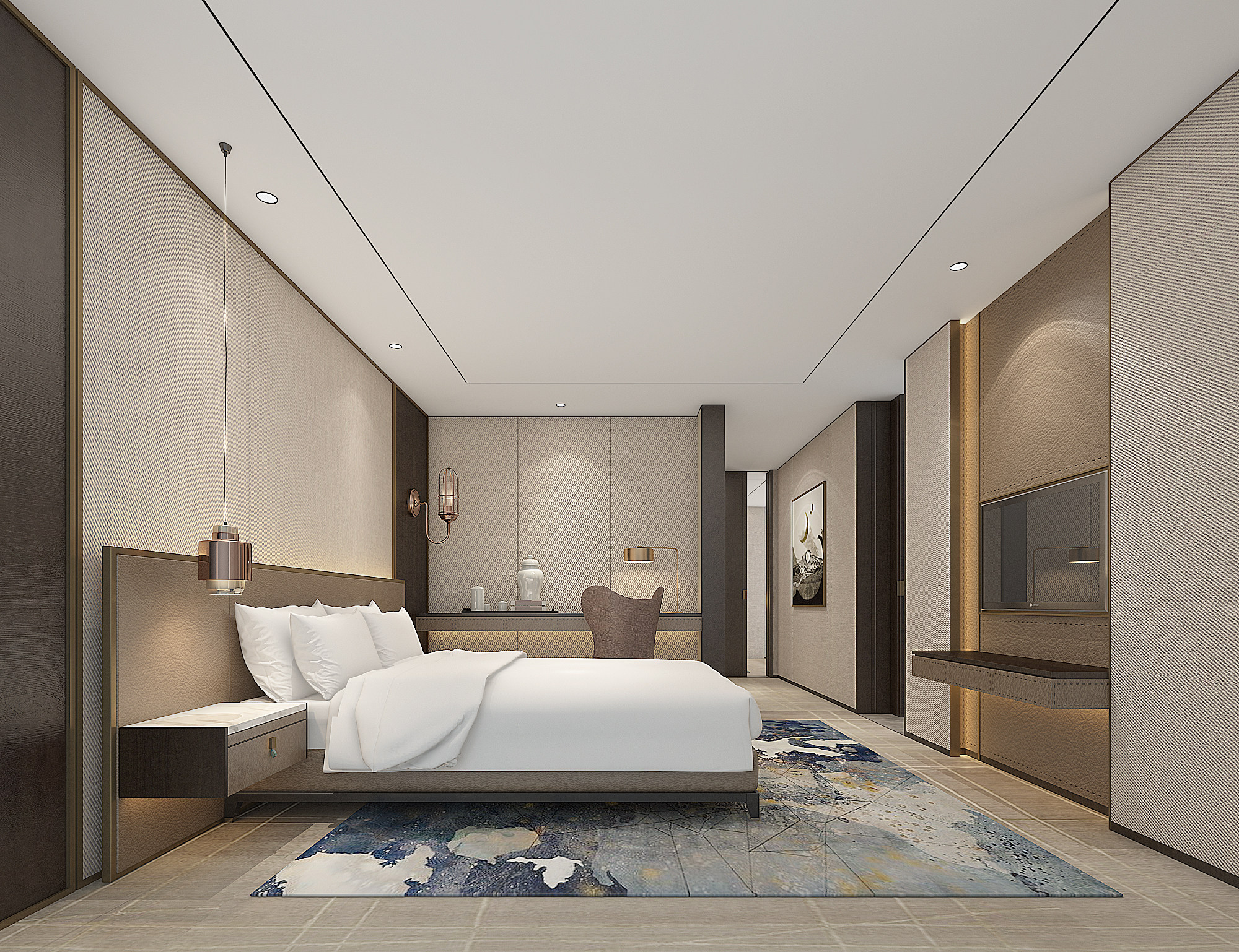 新中式酒店客房套间，客房，标准间，床头柜，3d模型下载