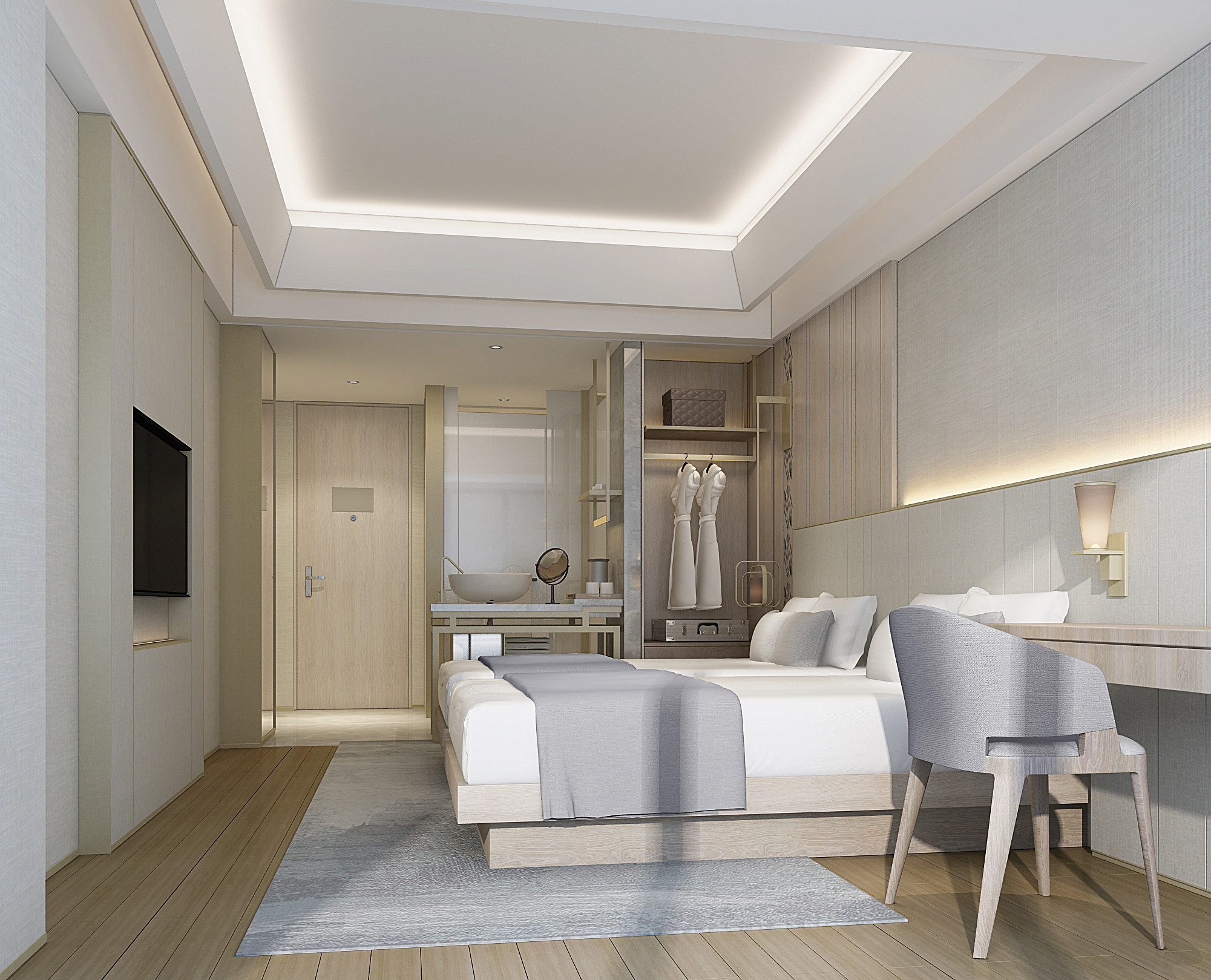 现代酒店客房套间，双人床，标准间，衣柜，梳妆台3d模型下载