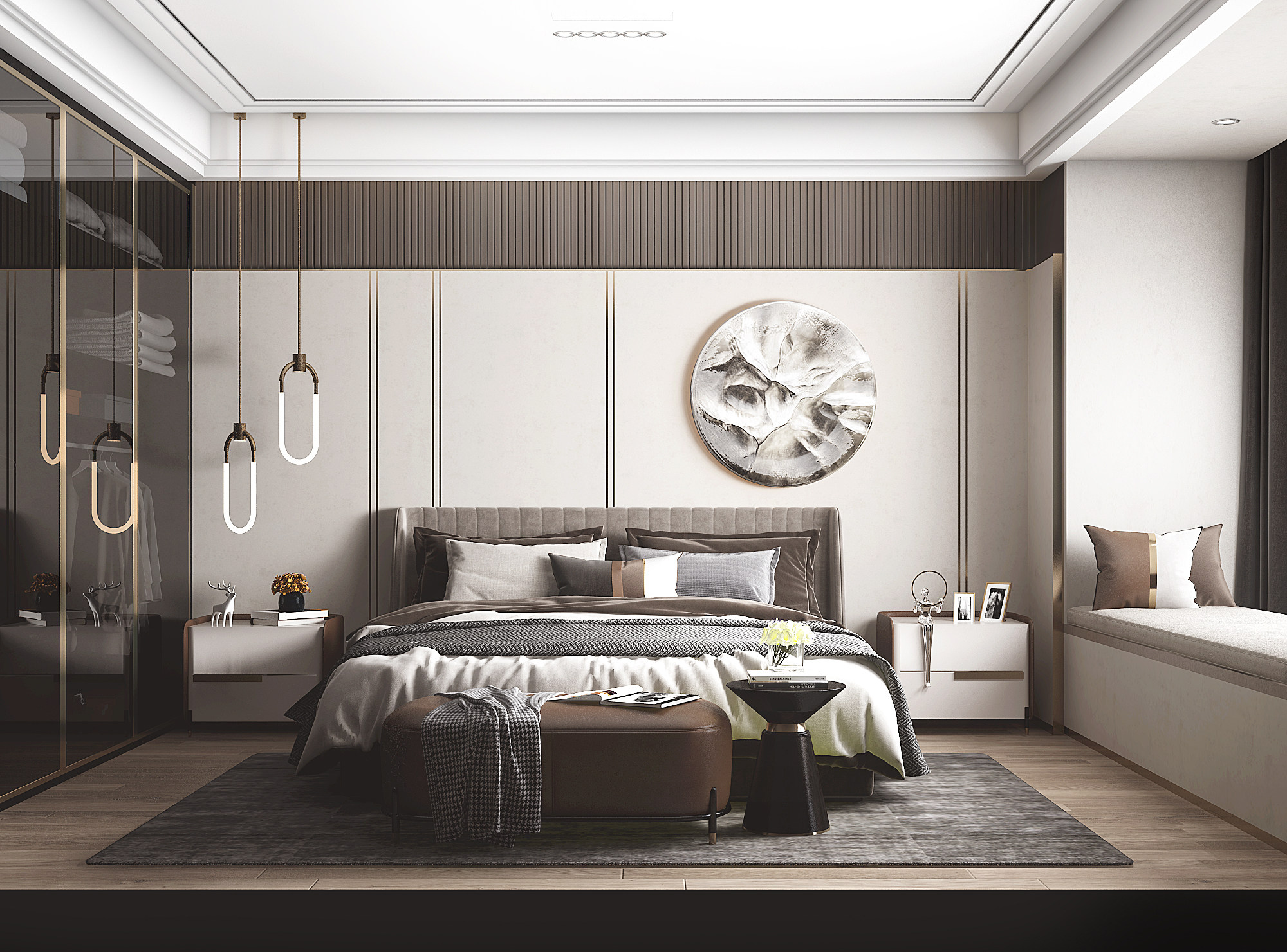 现代轻奢卧室，双人床，玻璃衣柜3d模型下载