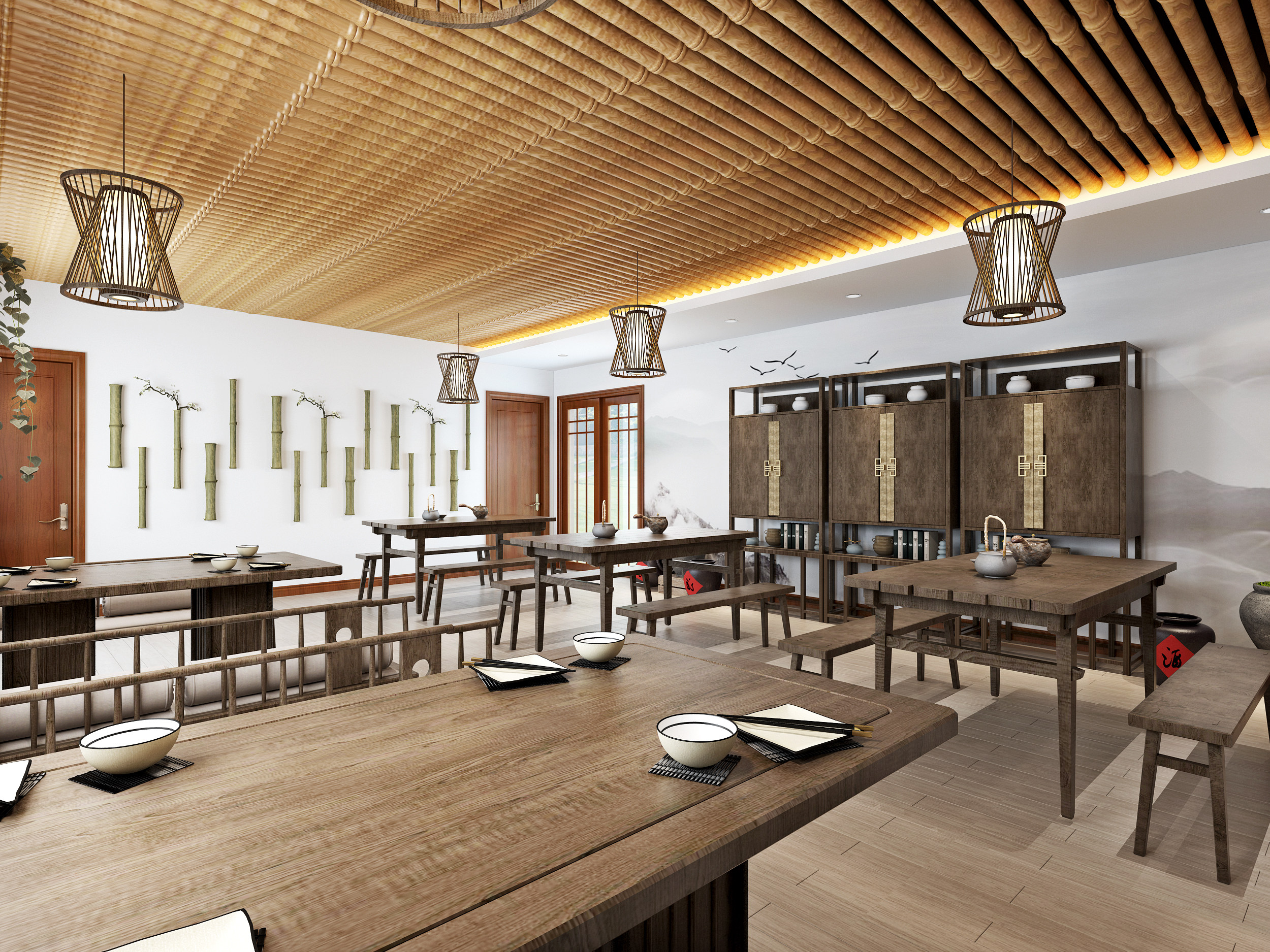 新中式民宿餐厅，木板凳餐桌椅，装饰柜酒钢3d模型下载
