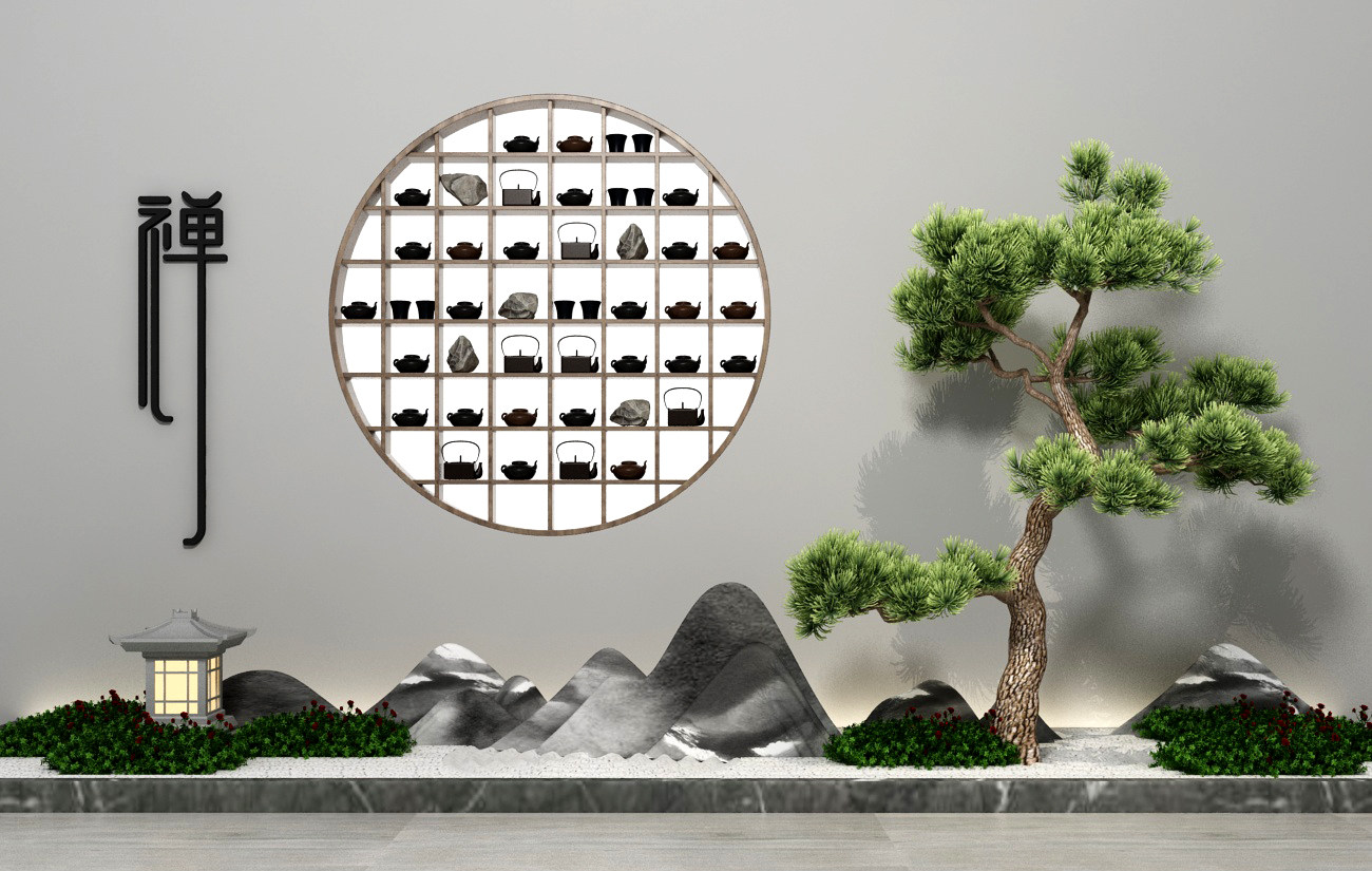 中式景观小品，松树，茶具山脉形状石头3d模型下载