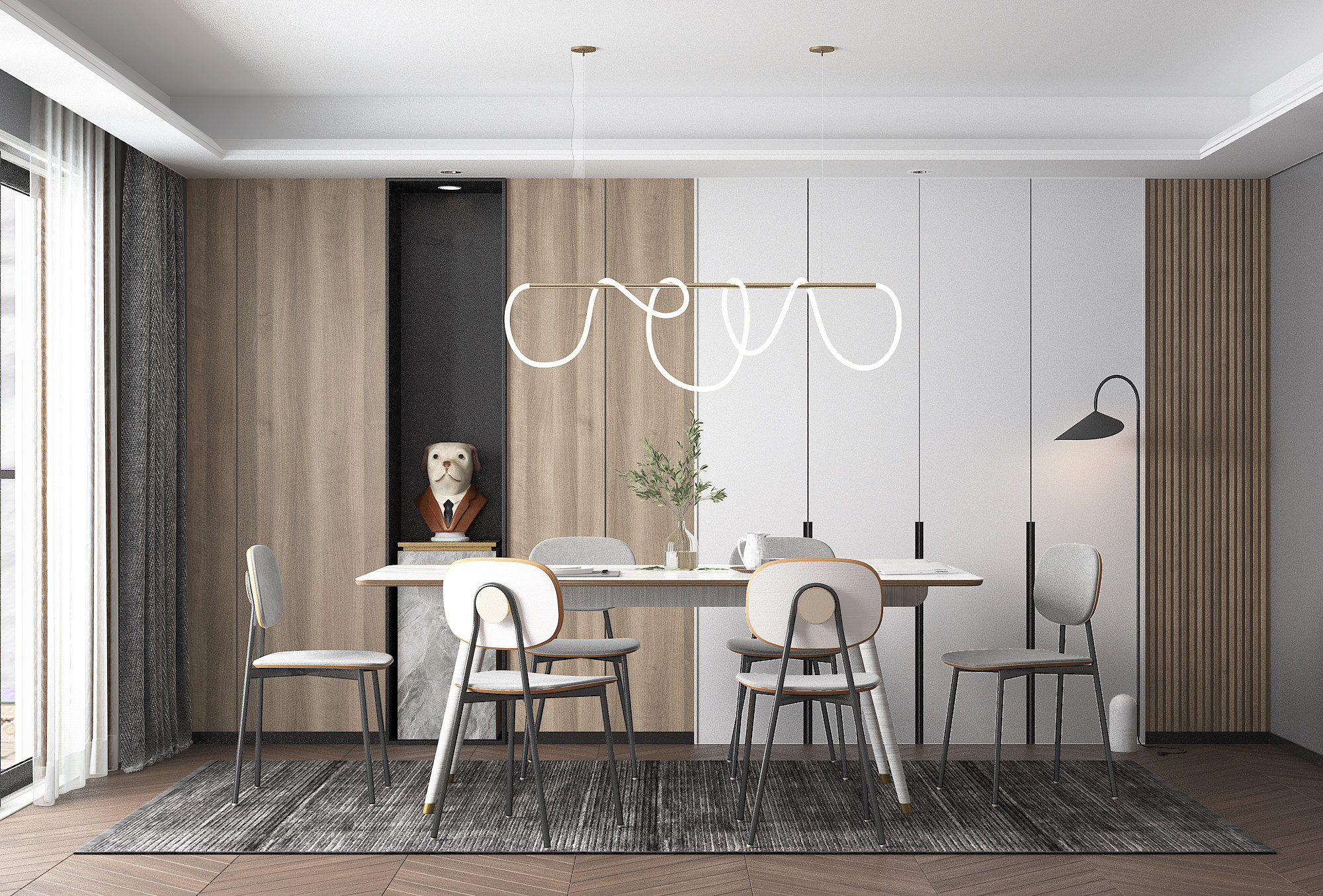 北欧现代餐厅，餐桌椅异形吊灯3d模型下载