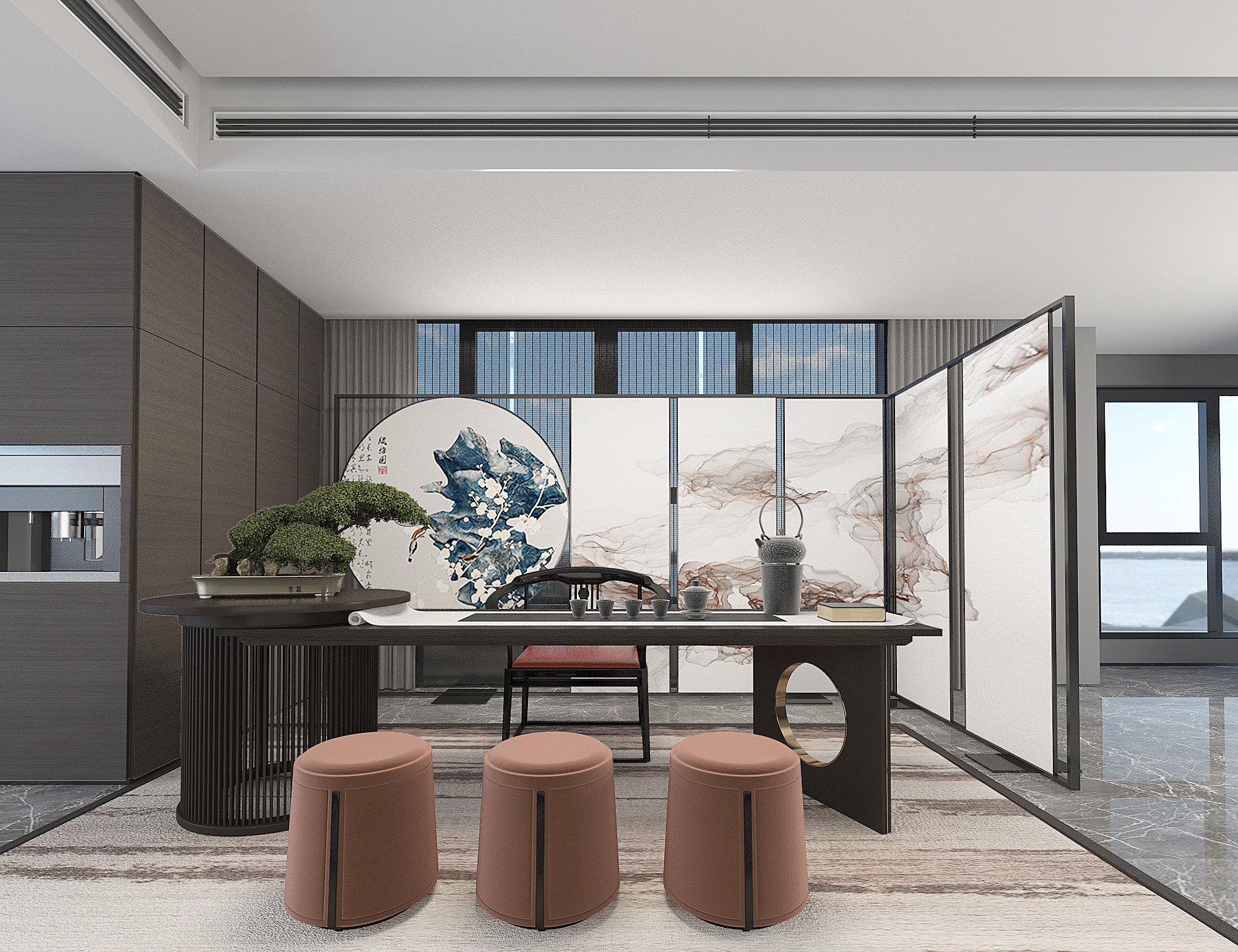 新中式茶室，茶桌椅，茶台盆景屏风3d模型下载