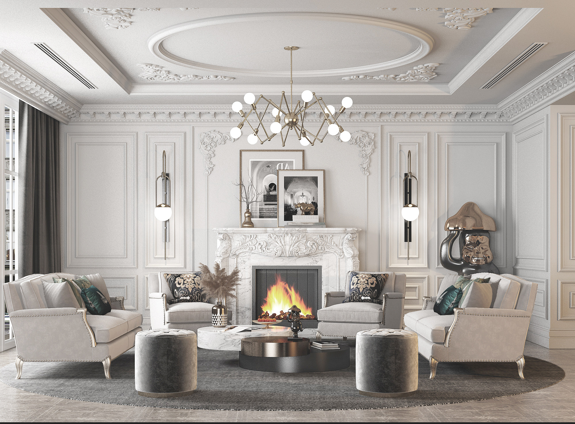 欧式法式美式客厅沙发茶几单人沙发护墙板，壁炉3d模型下载