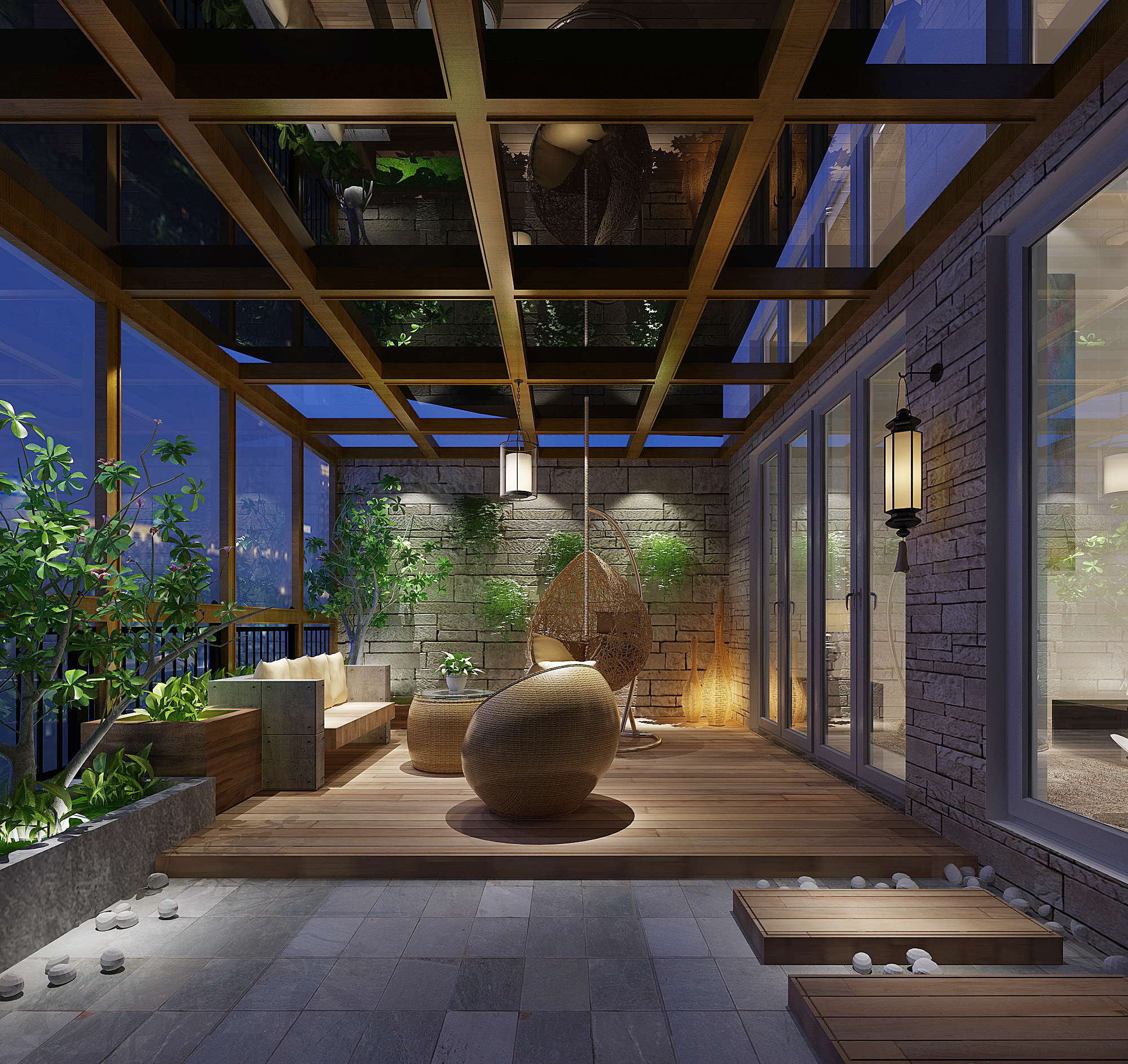 新中式景观阳台，藤编编织吊椅沙发落地灯3d模型下载