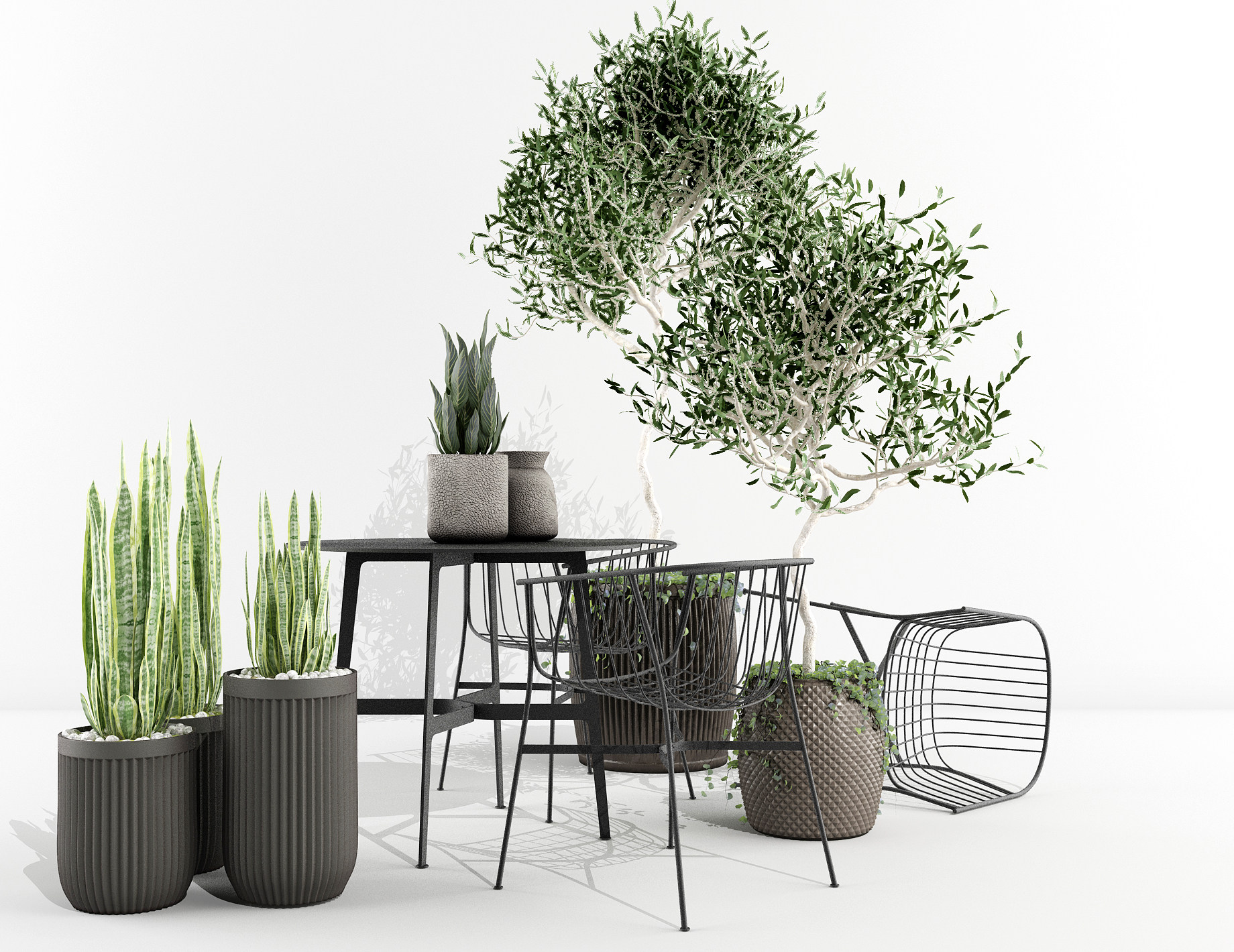 户外植物盆栽花盆，绿植铁艺桌椅3d模型下载