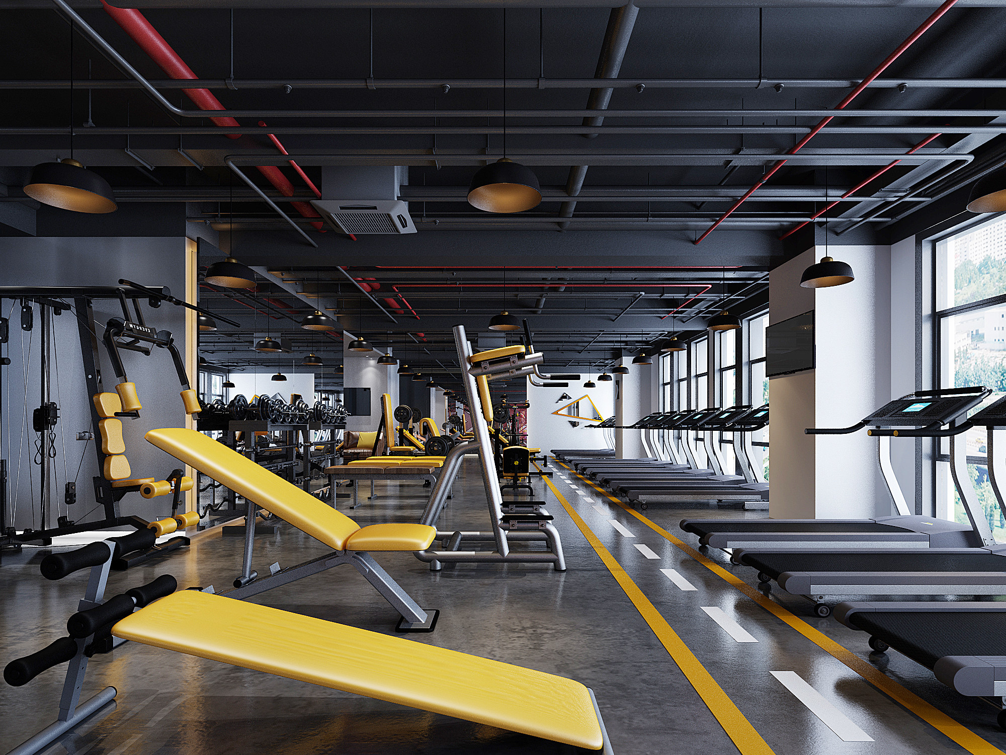 工业LOFT健身房，健身器材器械跑步机3d模型下载