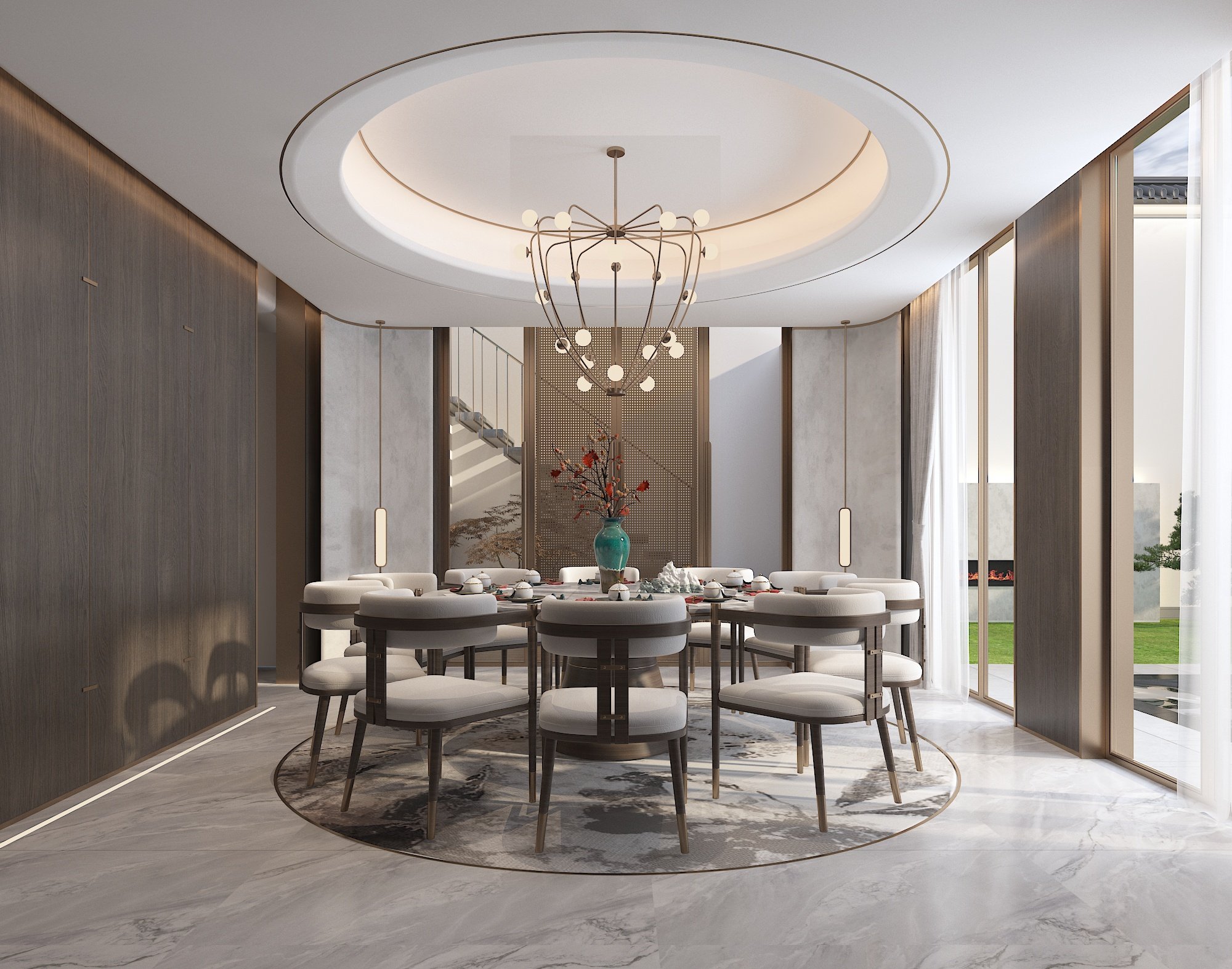新中式家装样板间圆形餐厅餐桌椅，包间3d模型下载