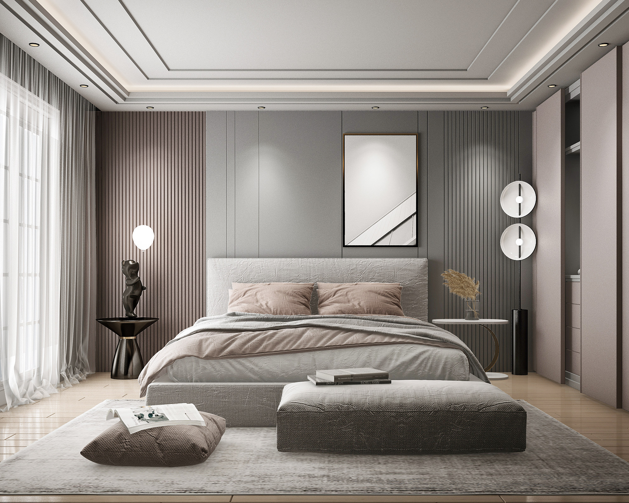 现代卧室，双人床3d模型下载