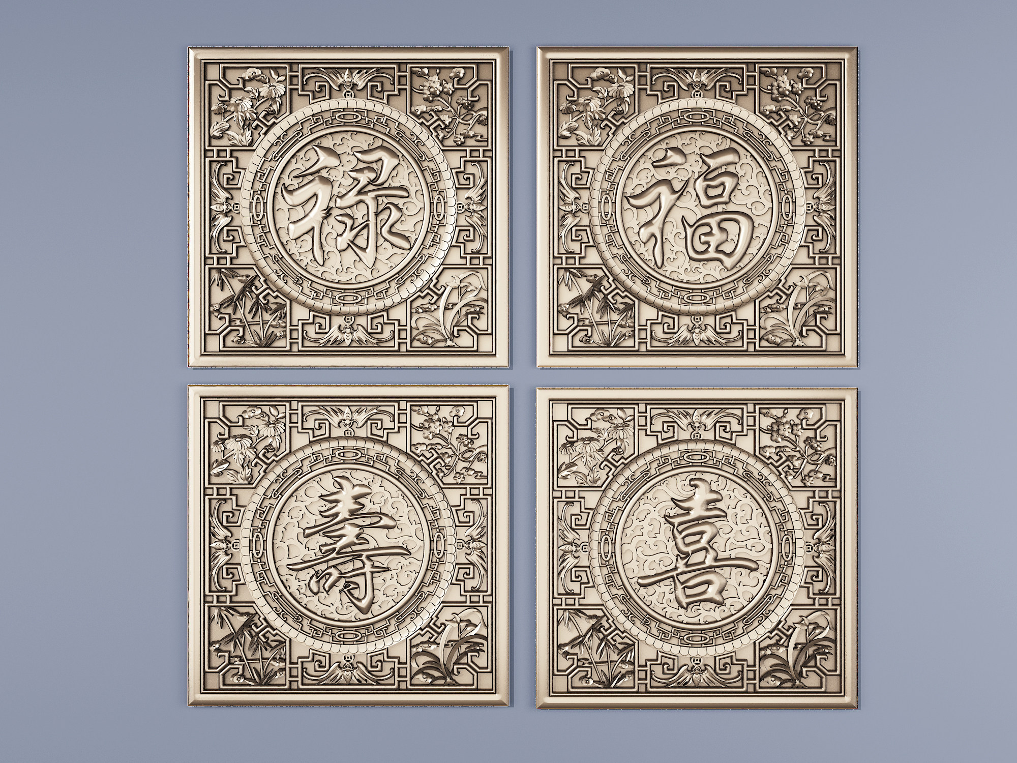 新中式福禄寿喜，雕刻，浮雕，雕花3d模型下载