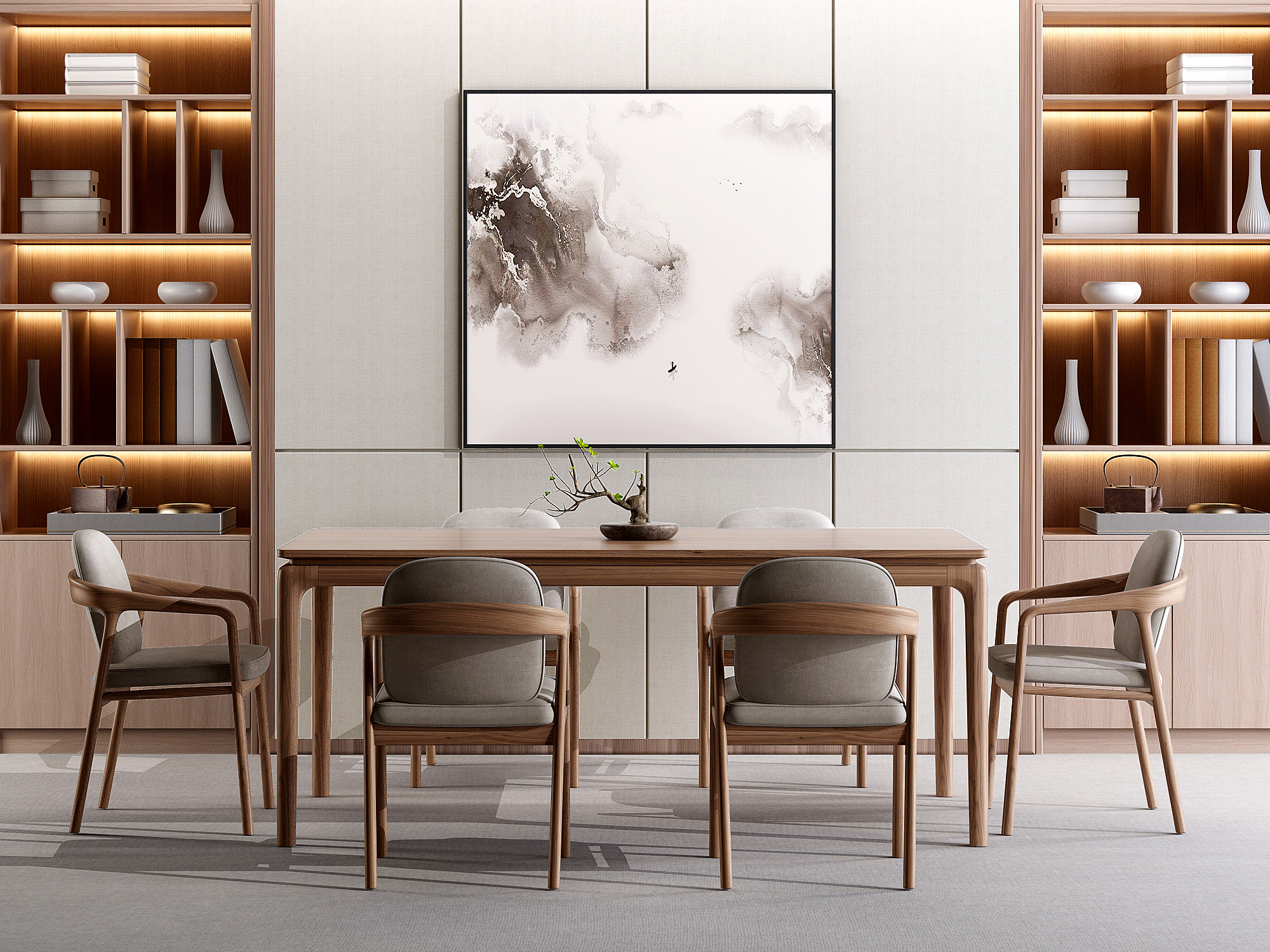 新中式方形餐桌椅，椅子书柜3d模型下载