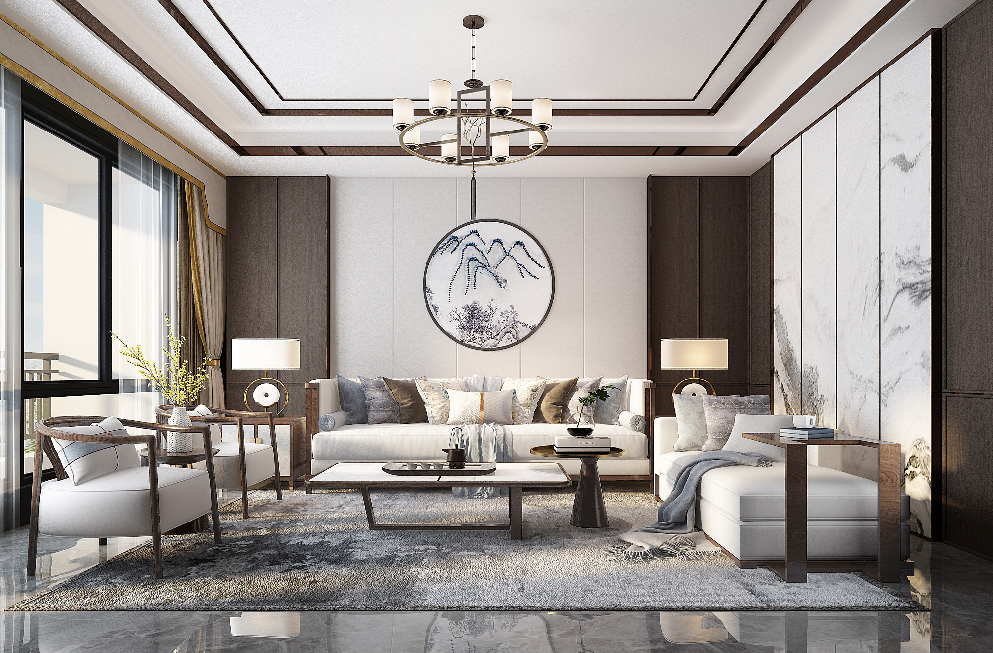 新中式轻奢客厅，沙发茶几单人沙发3d模型下载