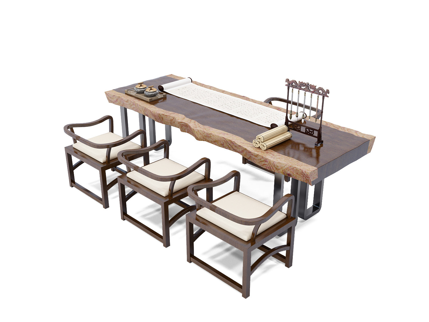 中式实木原木大板，书桌椅笔架，画案，卷轴画3d模型下载