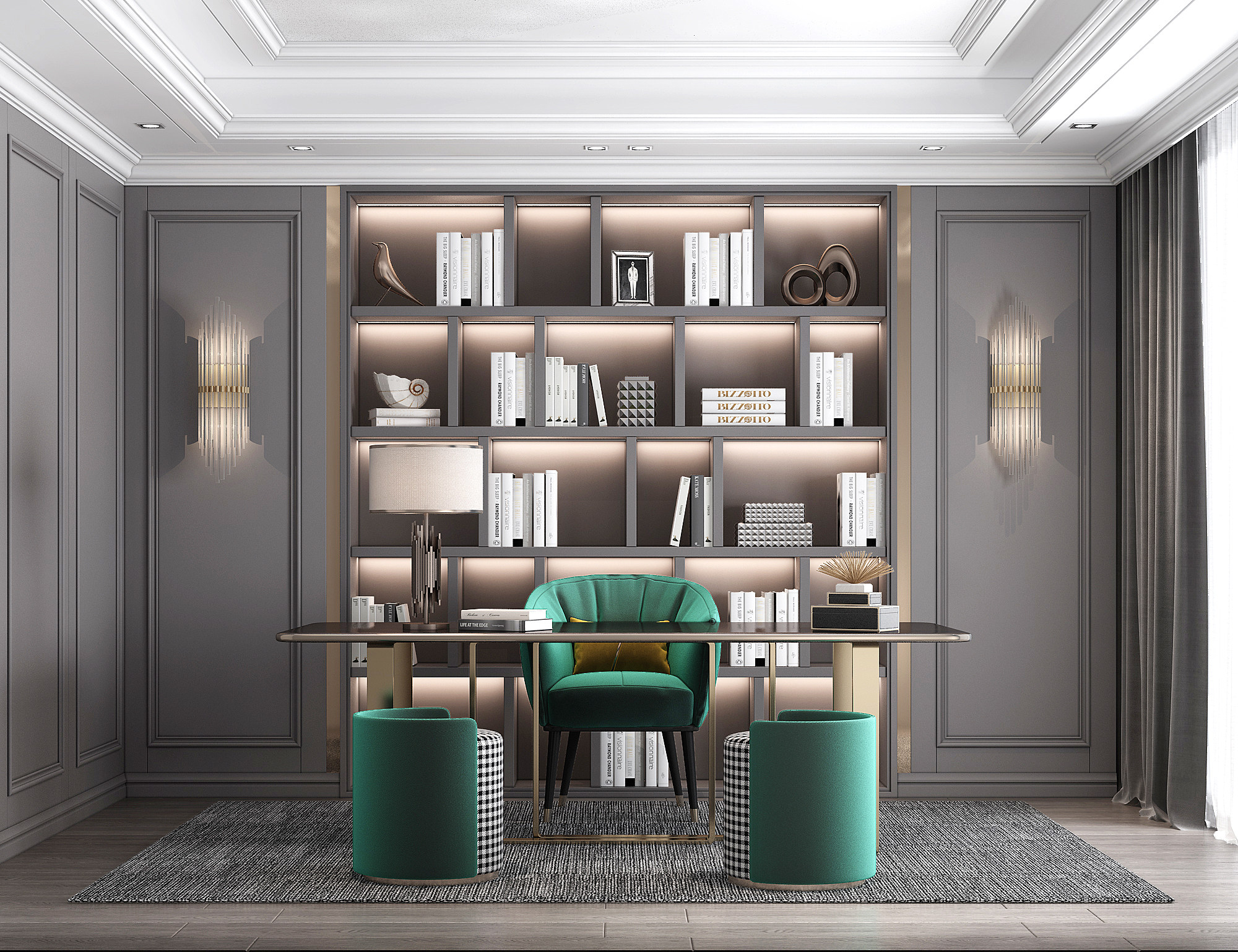 美式欧式轻奢书房，书桌椅，书柜壁灯3d模型下载