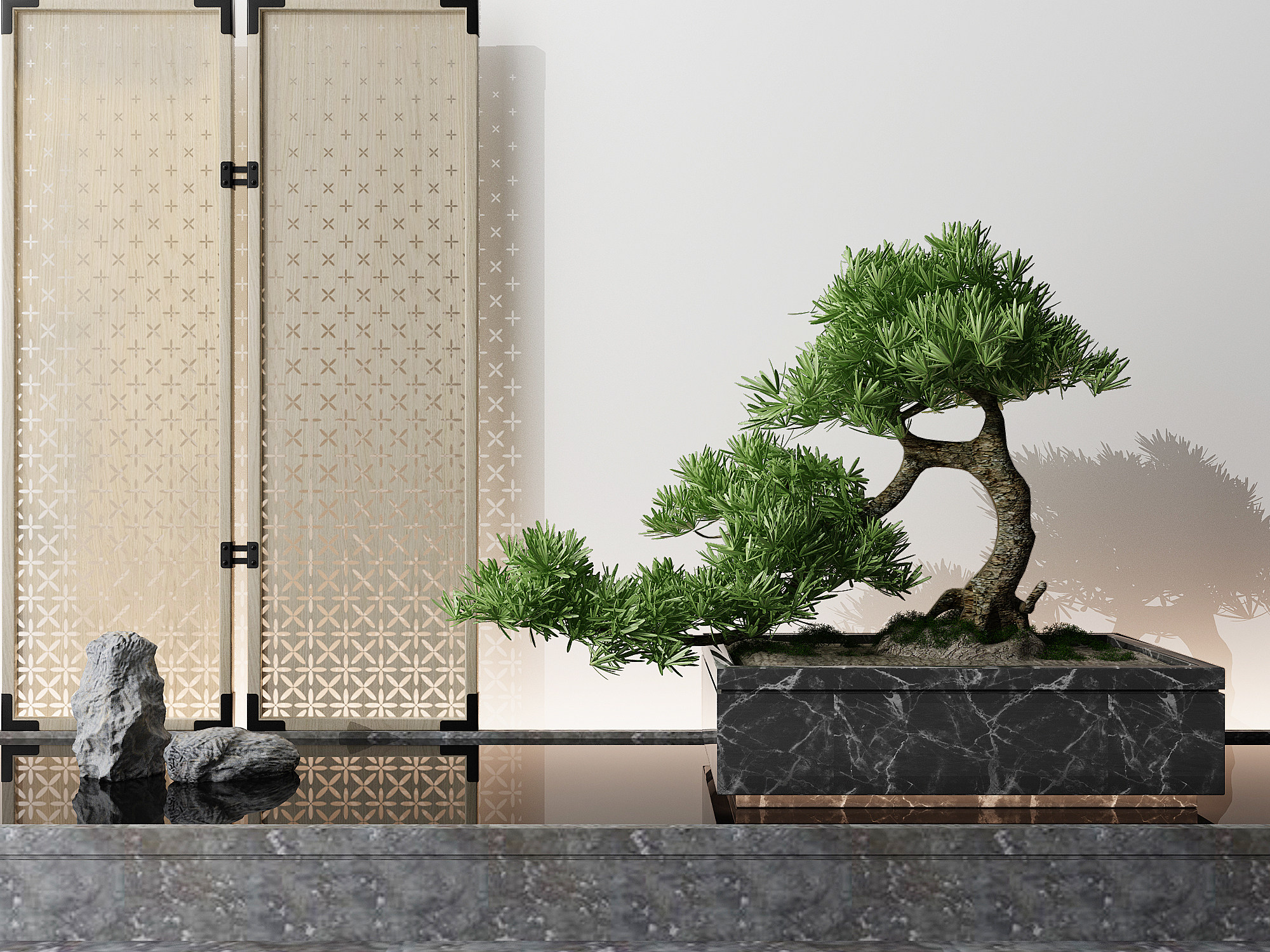 新中式迎客松盆景水景，景观小品3d模型下载