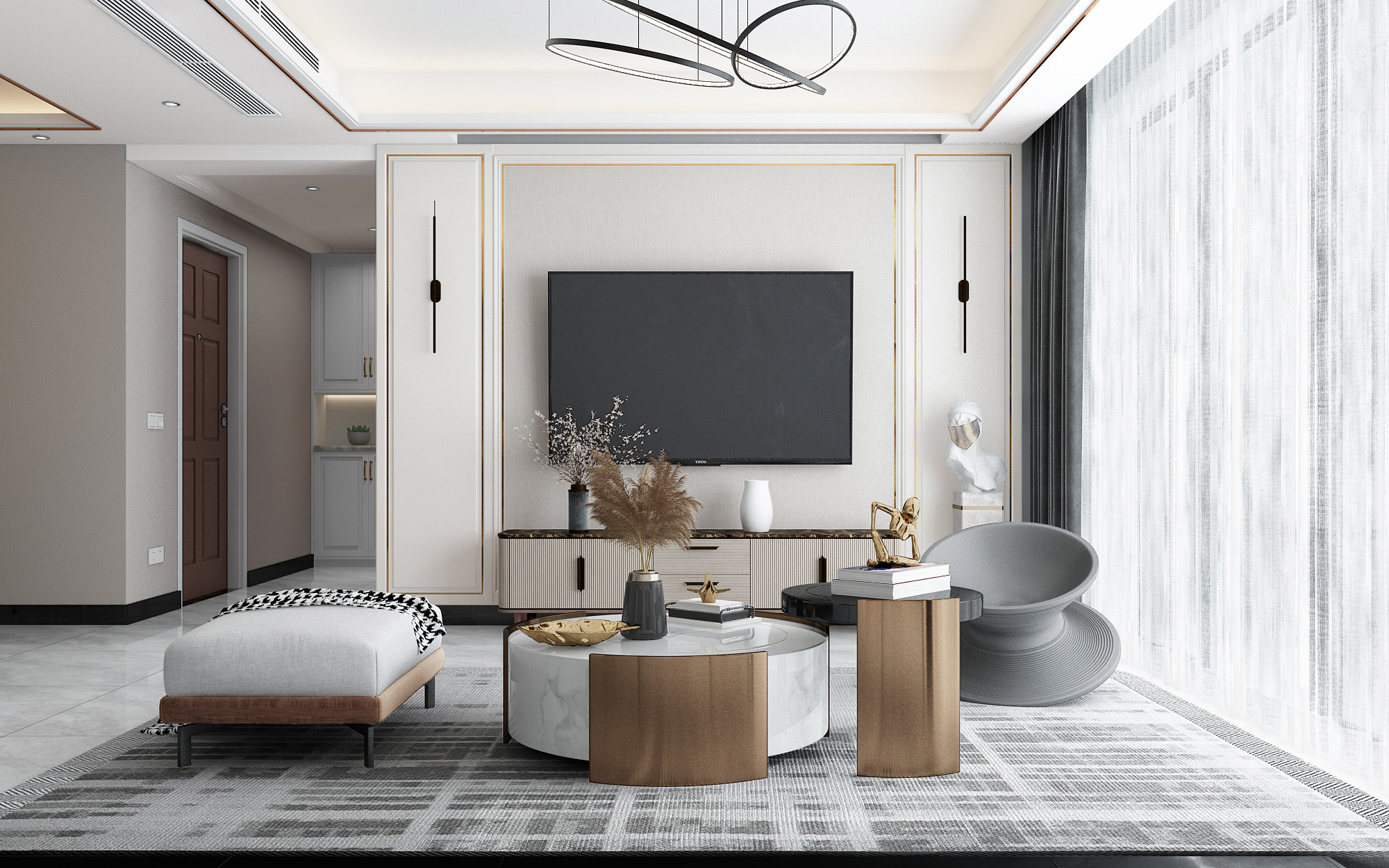 现代轻奢简欧式客厅茶几陀螺沙发，电视柜3d模型下载