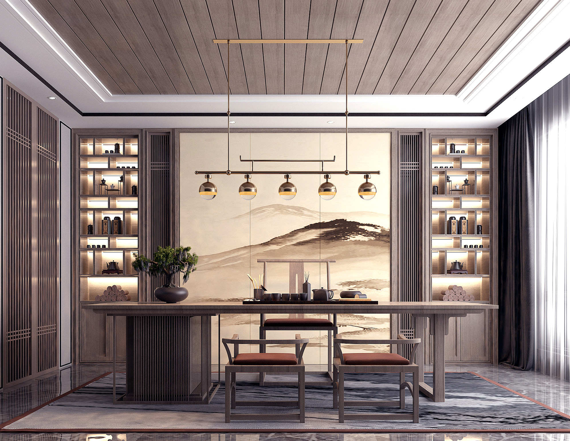 新中式茶室，书房茶台，茶桌椅3d模型下载